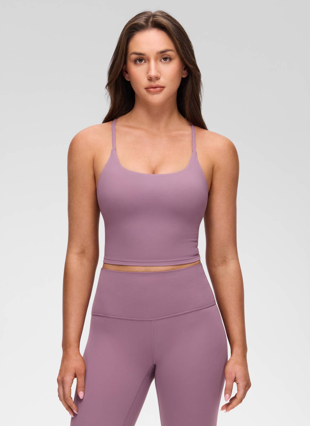 CRZ YOGA Women's Butterluxe U Neck Twist Cross Back Built in Bra Tank Light Lavender @model_info:Brooklyn