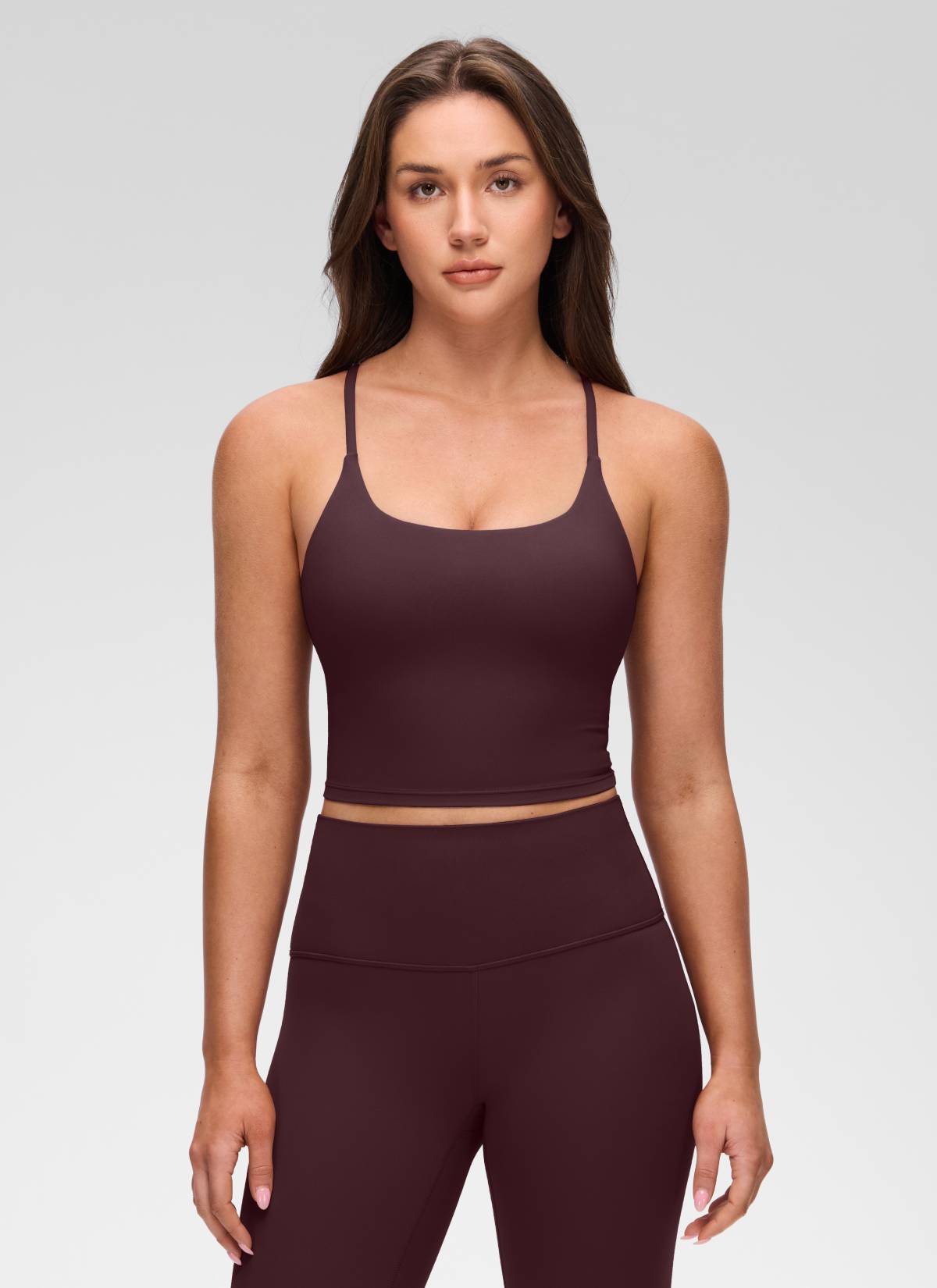 CRZ YOGA Women's Butterluxe U Neck Twist Cross Back Built in Bra Tank Ripe Plum
