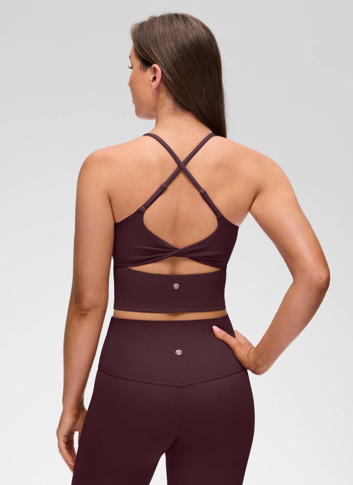 CRZ YOGA Women's Butterluxe U Neck Twist Cross Back Built in Bra Tank Ripe Plum @model_info:Brooklyn