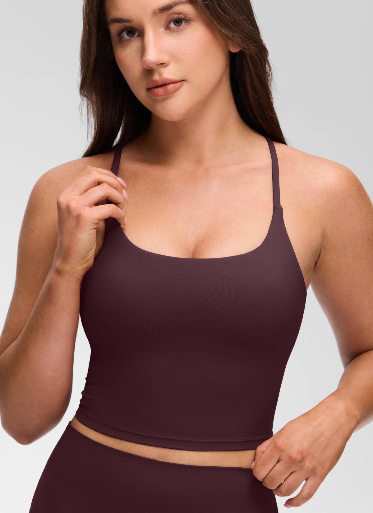 CRZ YOGA Women's Butterluxe U Neck Twist Cross Back Built in Bra Tank Ripe Plum @model_info:Brooklyn