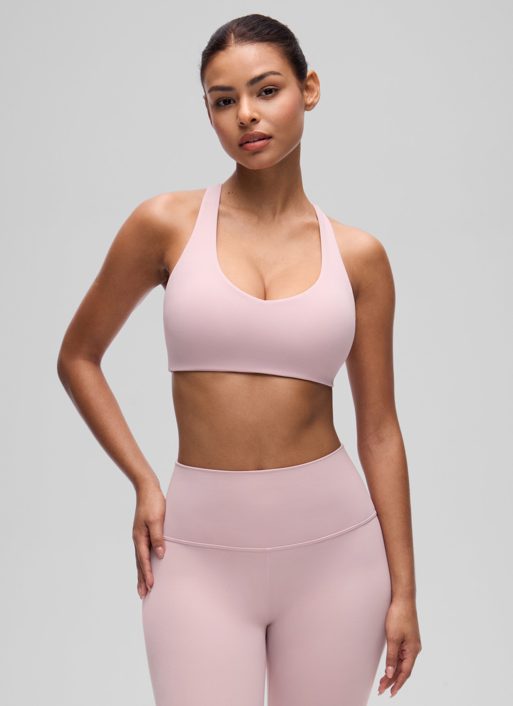 CRZ YOGA Women's Butterluxe Yoga V Neck RacerBack Build in Sports Bra Pink Haze @model_info:T