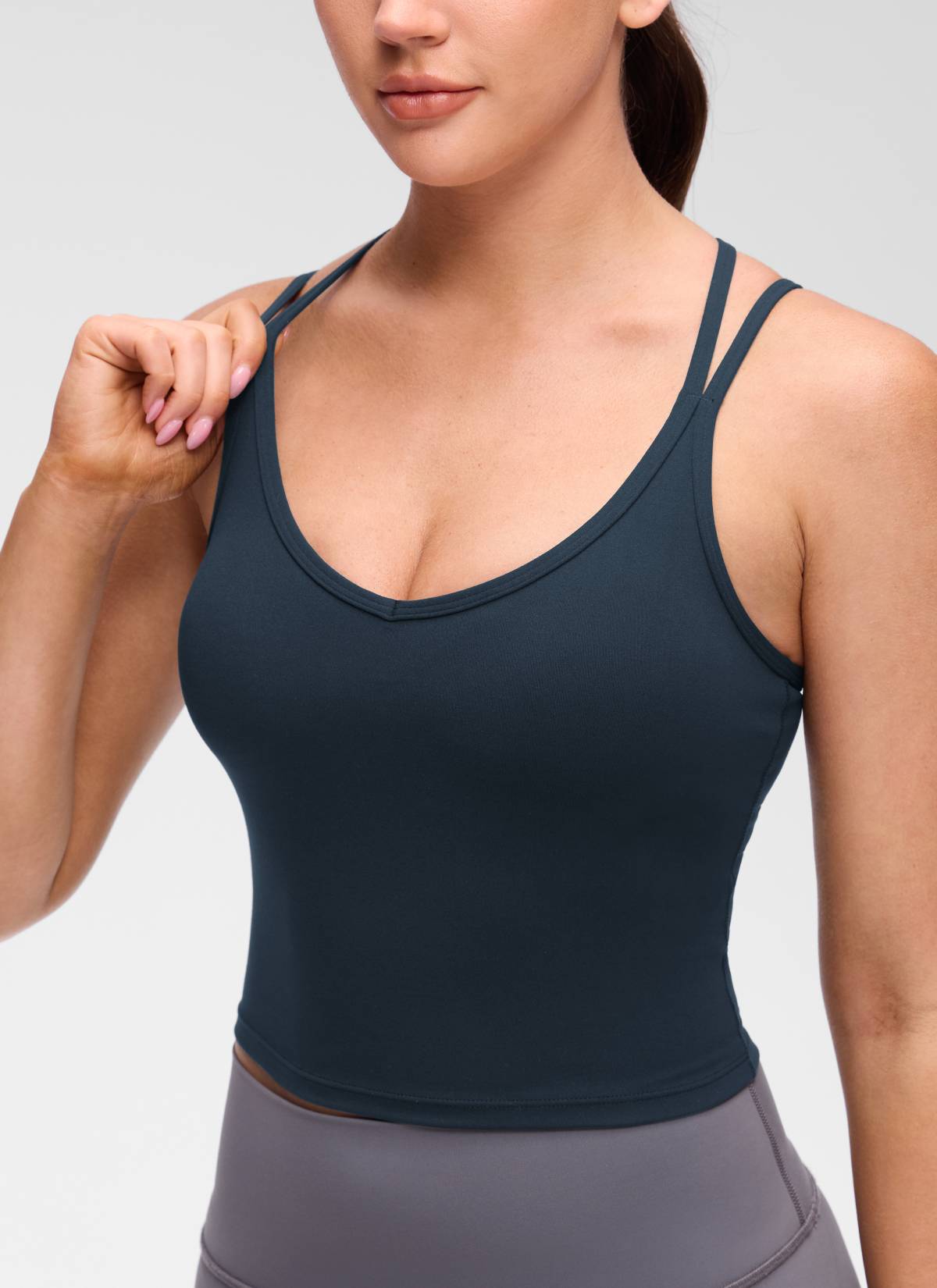 CRZ YOGA Women's Butterluxe Yoga V Neck Cross Back Built in Bra Tank True Navy @model_info:Brooklyn