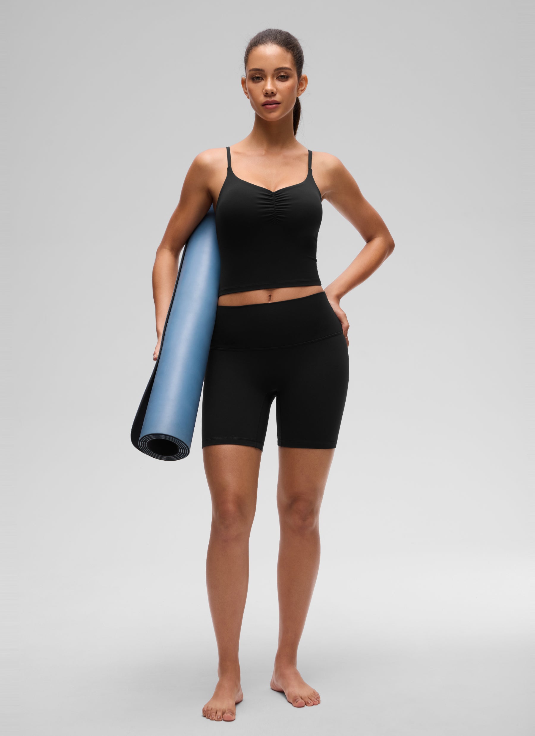 CRZ YOGA Women's Butterluxe Yoga Ruched V Neck U Back Crop Padded Tank Black