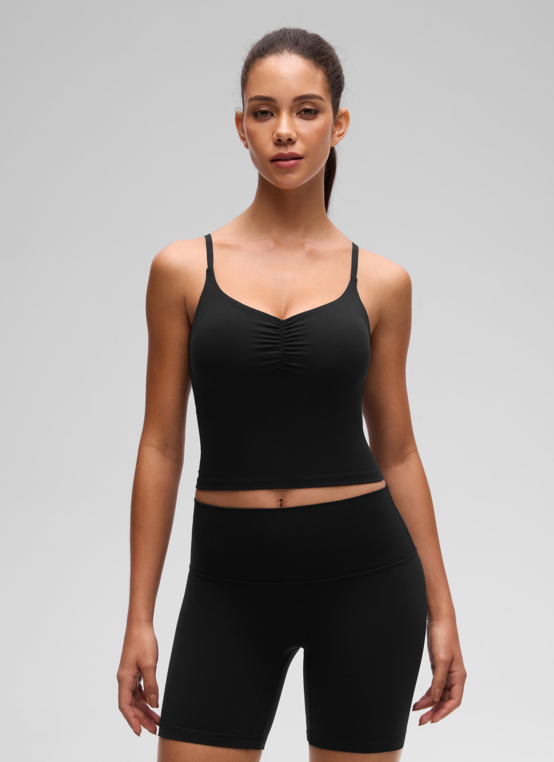 CRZ YOGA Women's Butterluxe Yoga Ruched V Neck U Back Crop Padded Tank Black
