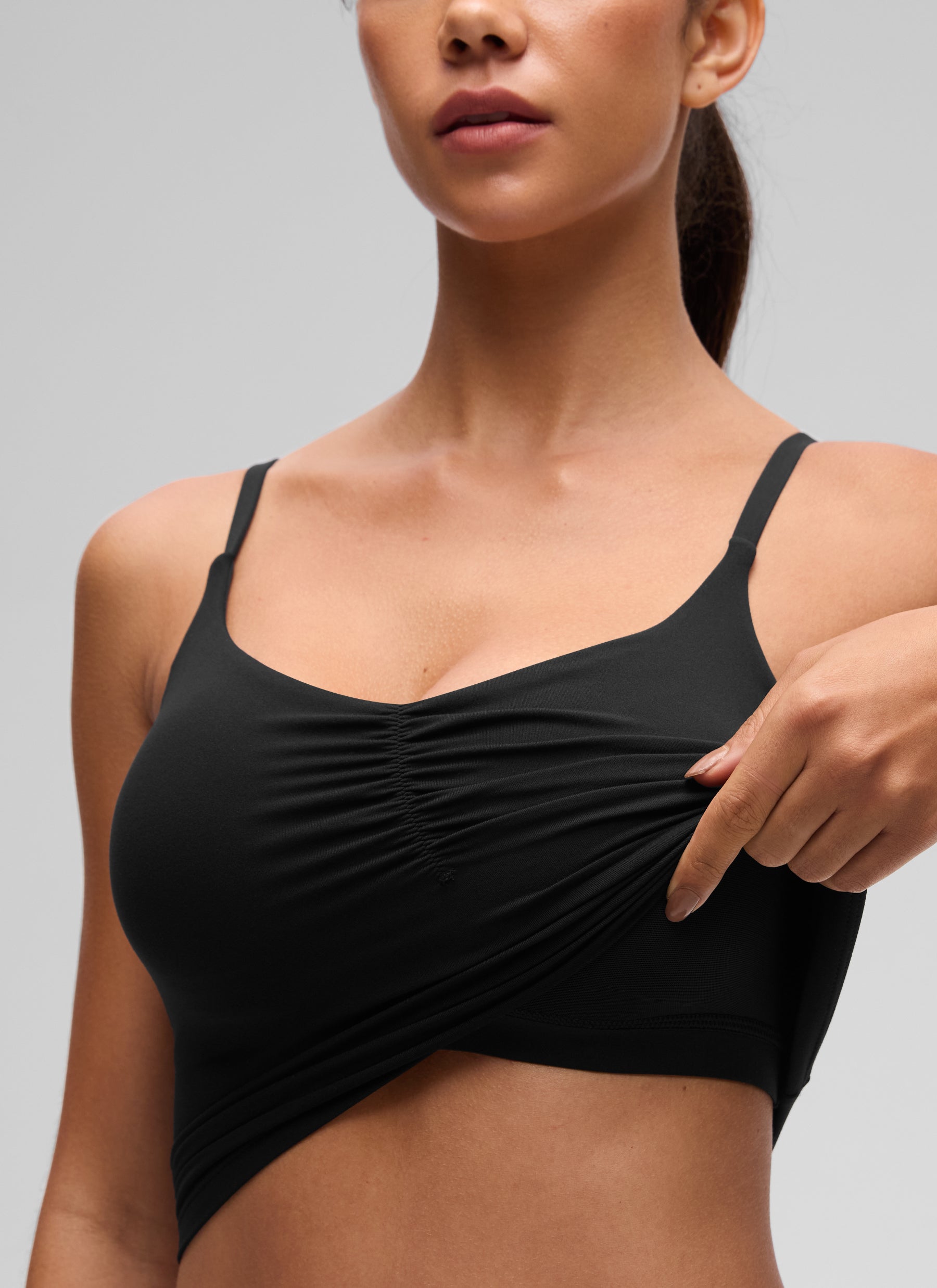 CRZ YOGA Women's Butterluxe Yoga Ruched V Neck U Back Crop Padded Tank Black
