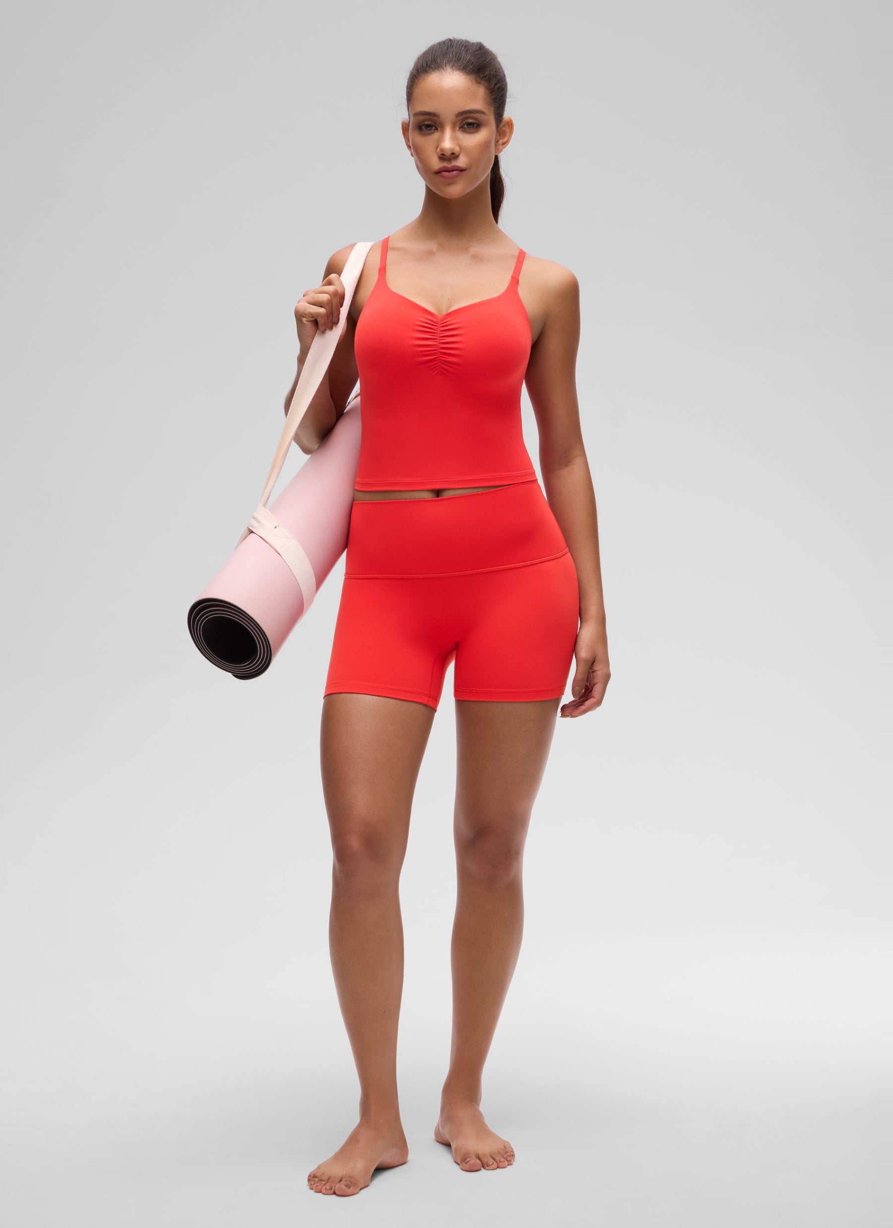 CRZ YOGA Women's Butterluxe Yoga Ruched V Neck U Back Crop Padded Tank Deep Red