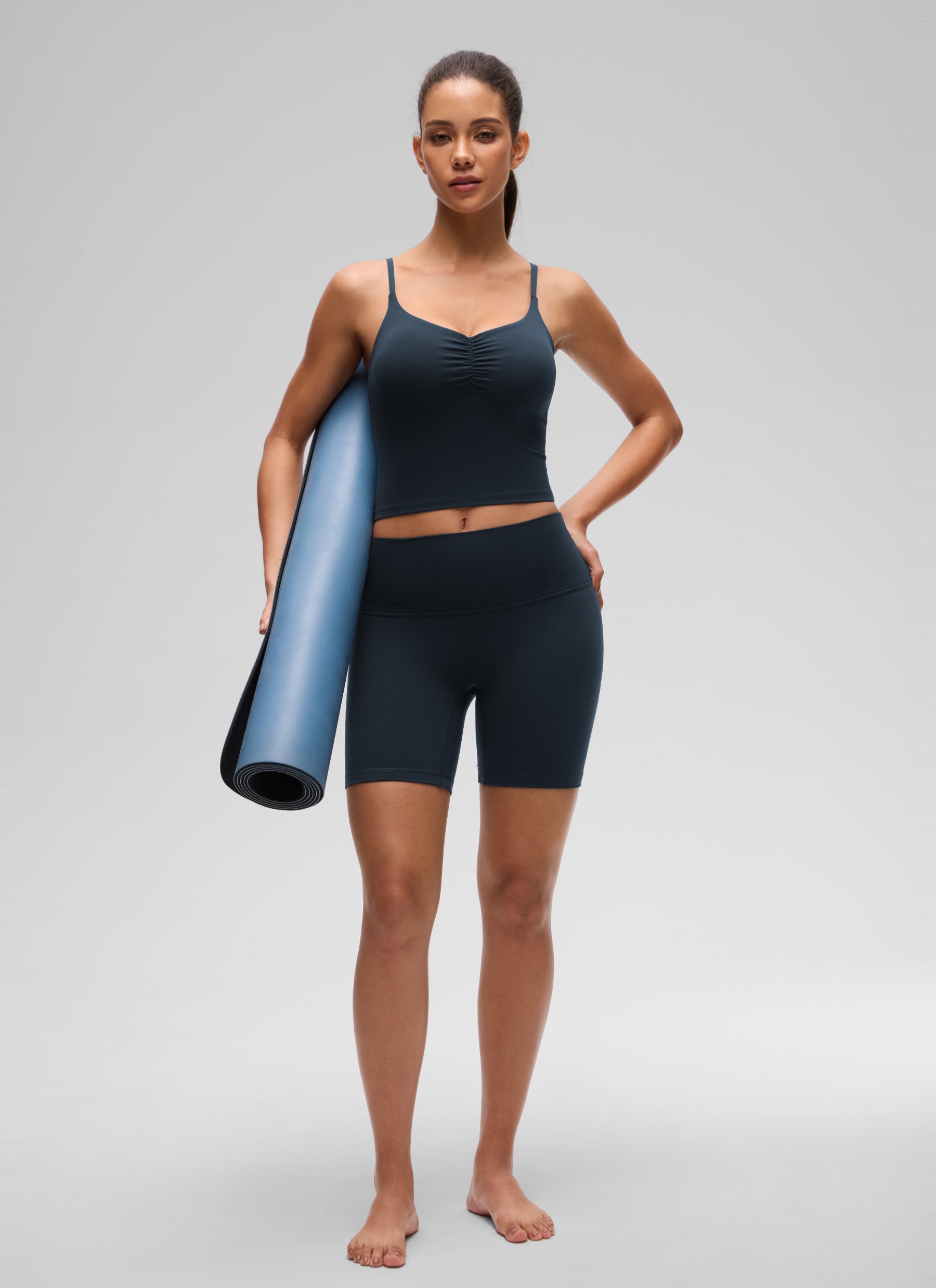 CRZ YOGA Women's Butterluxe Yoga Ruched V Neck U Back Crop Padded Tank True Navy