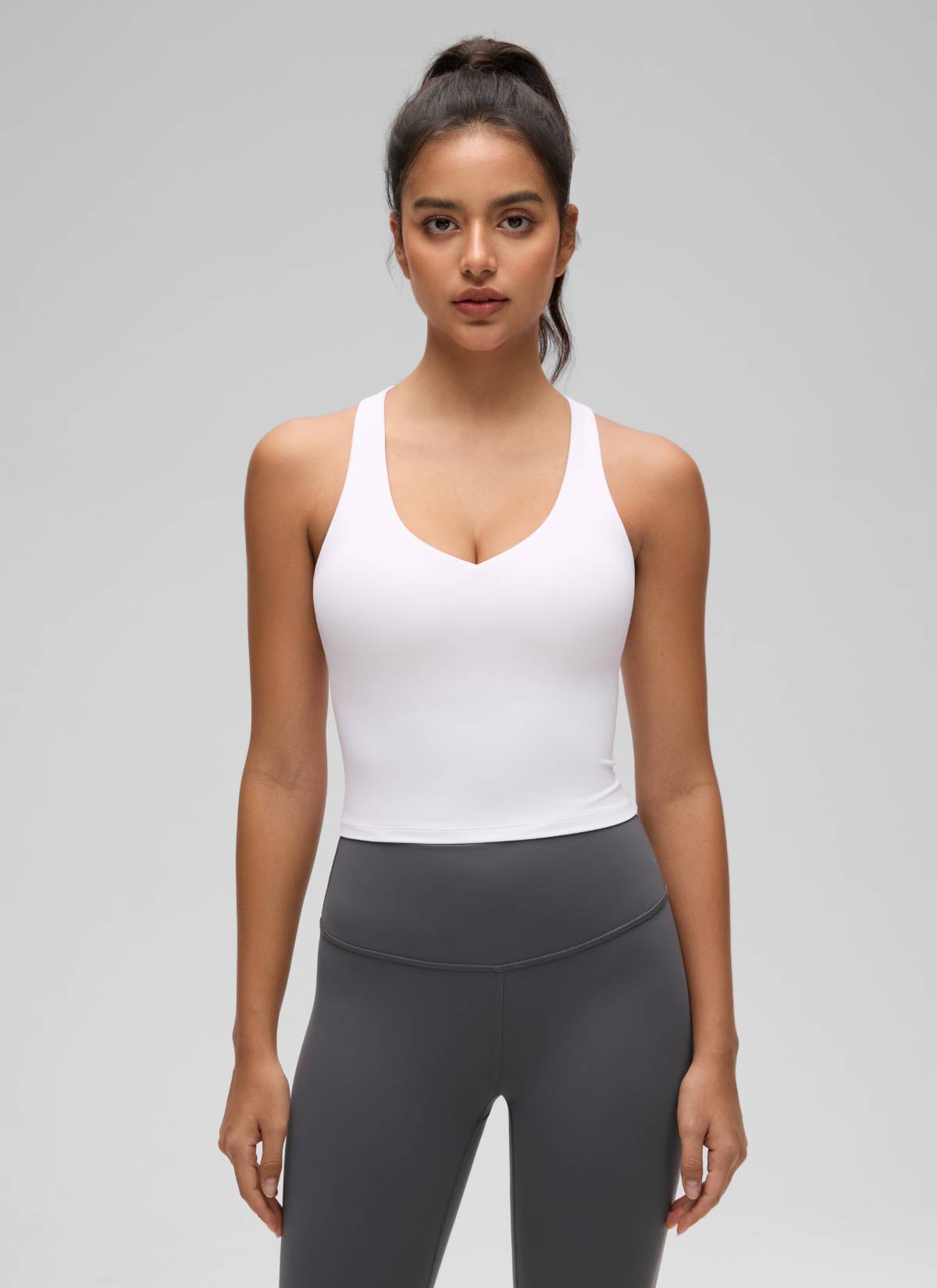 CRZ YOGA Women's Butterluxe Yoga V Neck RacerBack Built in Bra Tank White @model_info:Liss