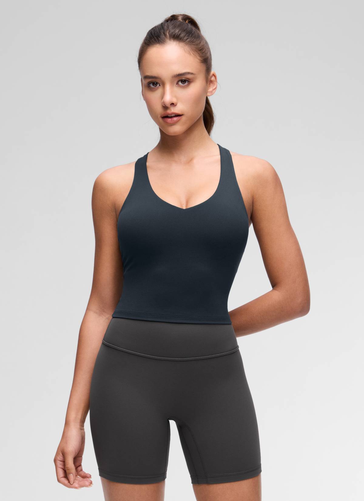 CRZ YOGA Women's Butterluxe Yoga V Neck RacerBack Built in Bra Tank True Navy @model_info:Maria