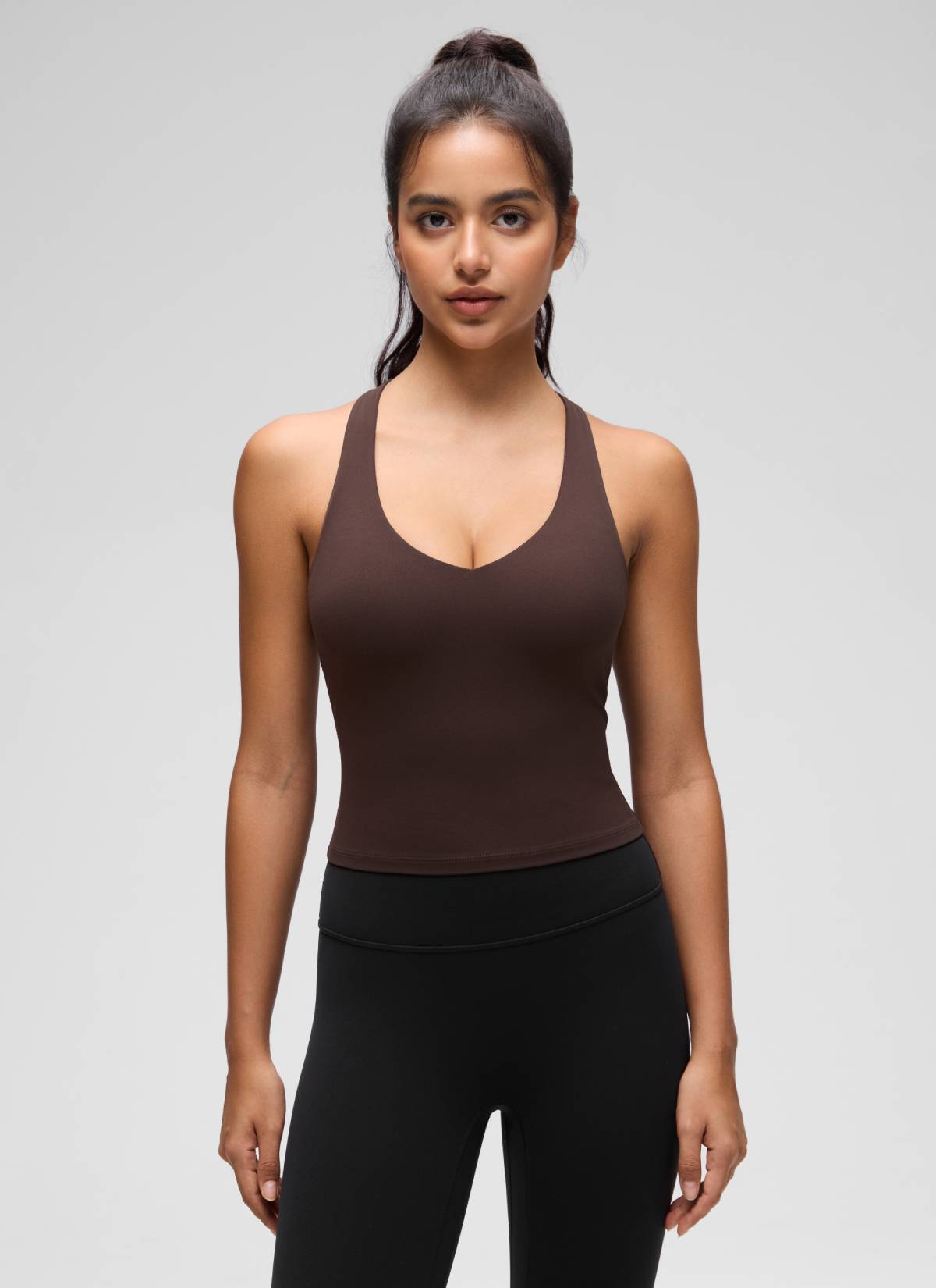 CRZ YOGA Women's Butterluxe Yoga V Neck RacerBack Built in Bra Tank Hot Fudge Brown @model_info:Liss