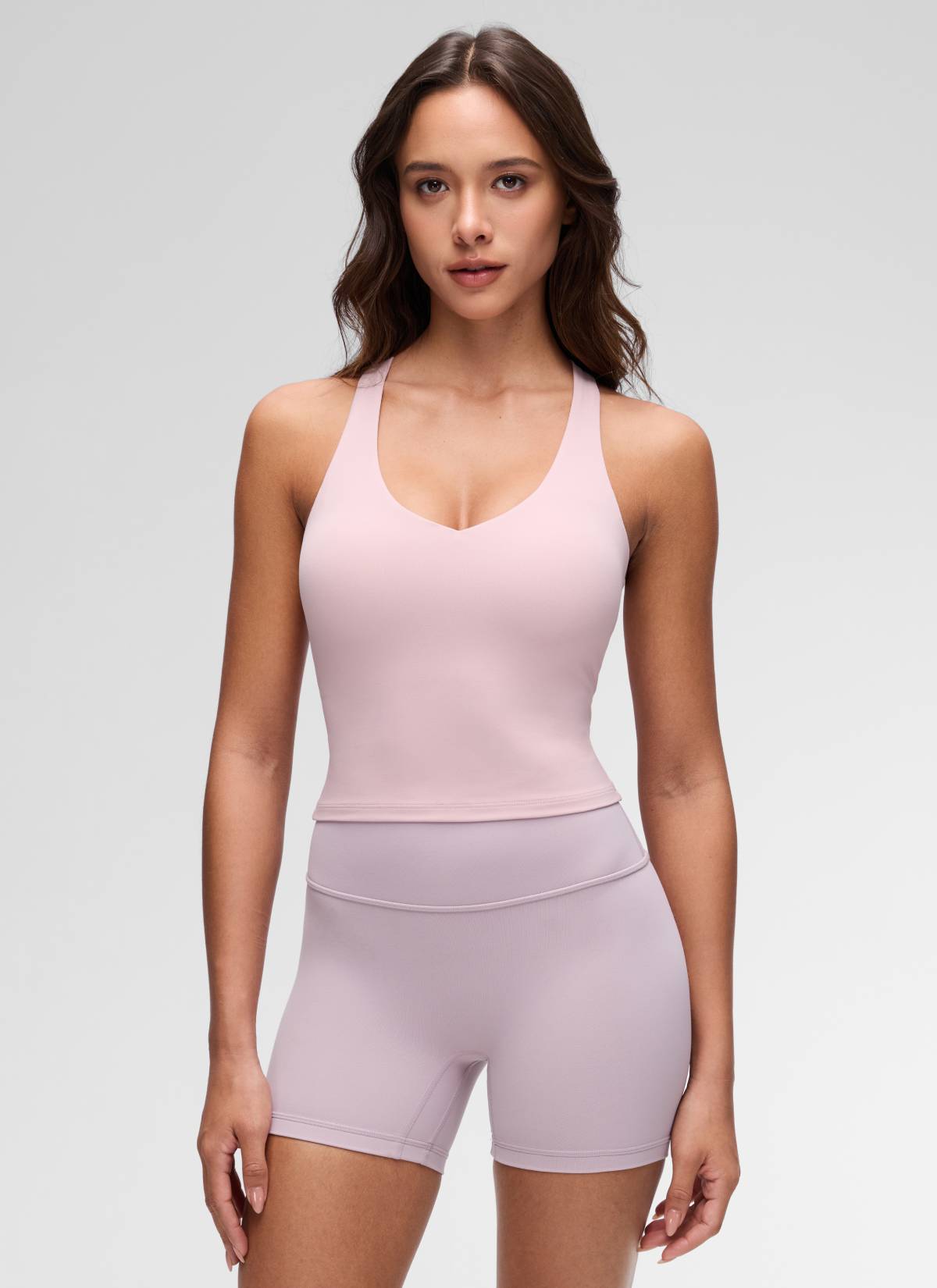 CRZ YOGA Women's Butterluxe Yoga V Neck RacerBack Built in Bra Tank Pink Haze @model_info:Maria