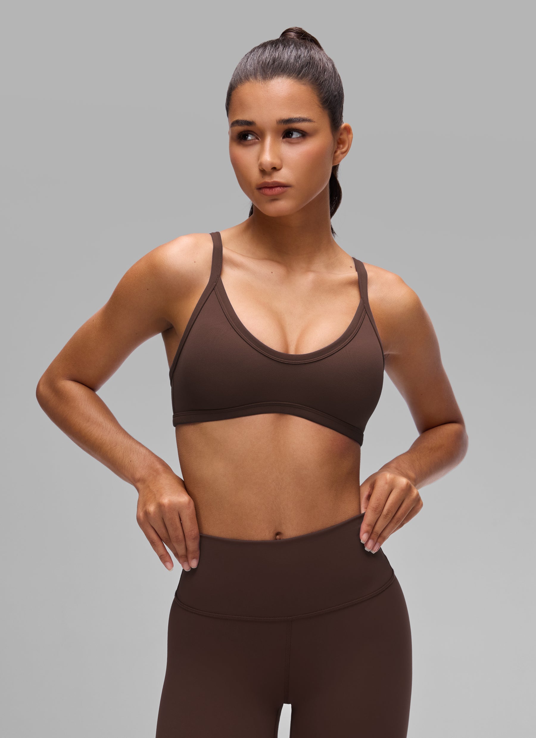 CRZ YOGA Butterlift Women's Double Lined V Neck Workout Sports Bras Hot Fudge Brown @model_info:A
