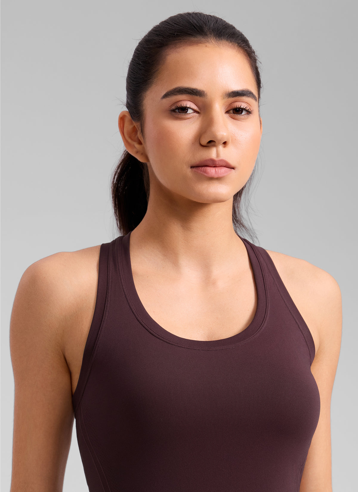 CRZ YOGA Women's Yoga Slim Fit Seamless Tank Crew Neck Racerback Ripe Plum @model_info:Beatriz