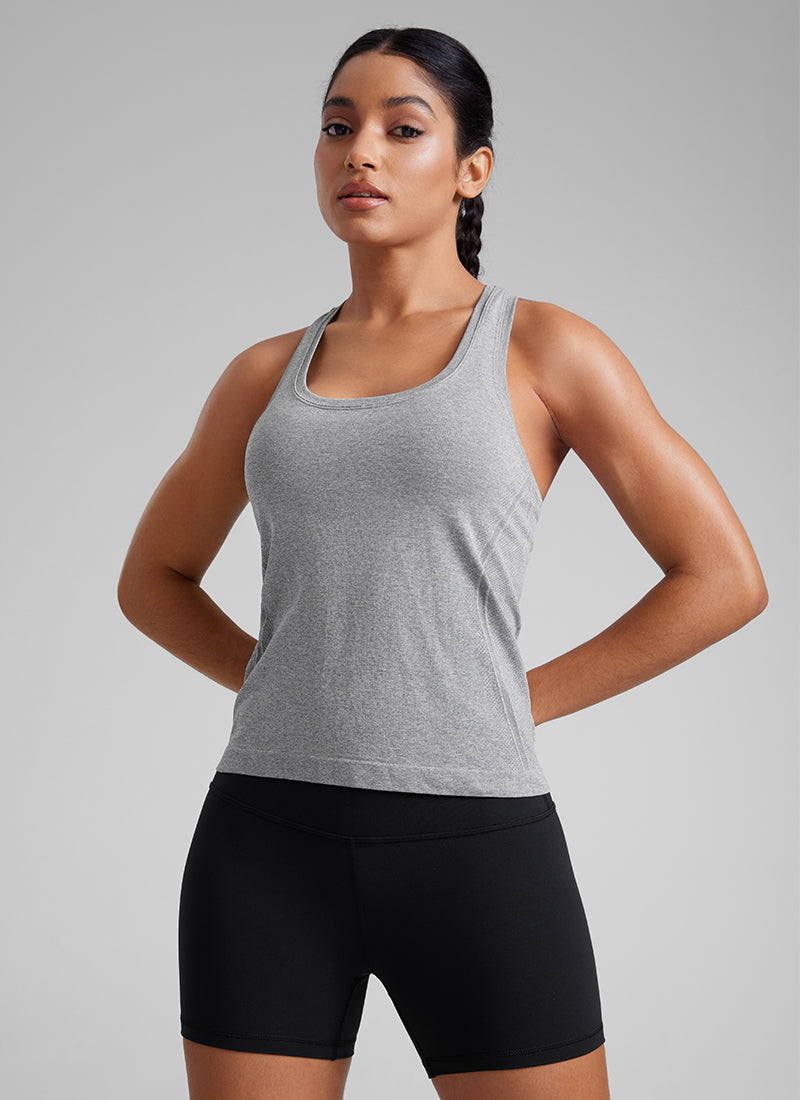 CRZ YOGA Women's Yoga Slim Fit Seamless Tank Crew Neck Racerback Slate Grey Marl @model_info:Amanda