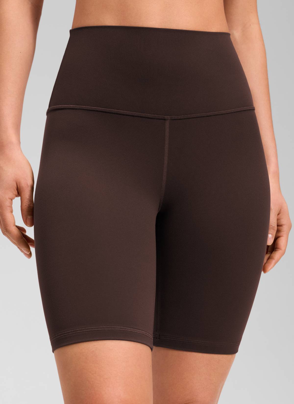 CRZ YOGA Women's Yoga High Rise Butterluxe Long Biker Shorts 8'' Hot Fudge Brown @model_info:Larissa