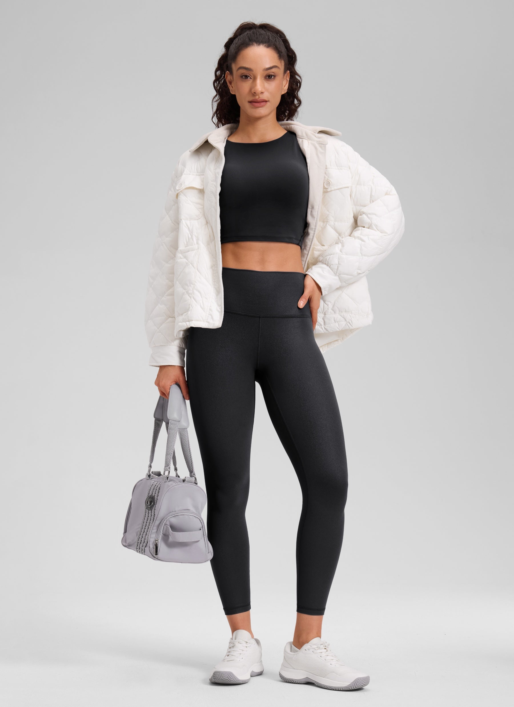 CRZ YOGA Women Butterluxe Matte Faux Leather Leggings 25'' Black Foil Pattern