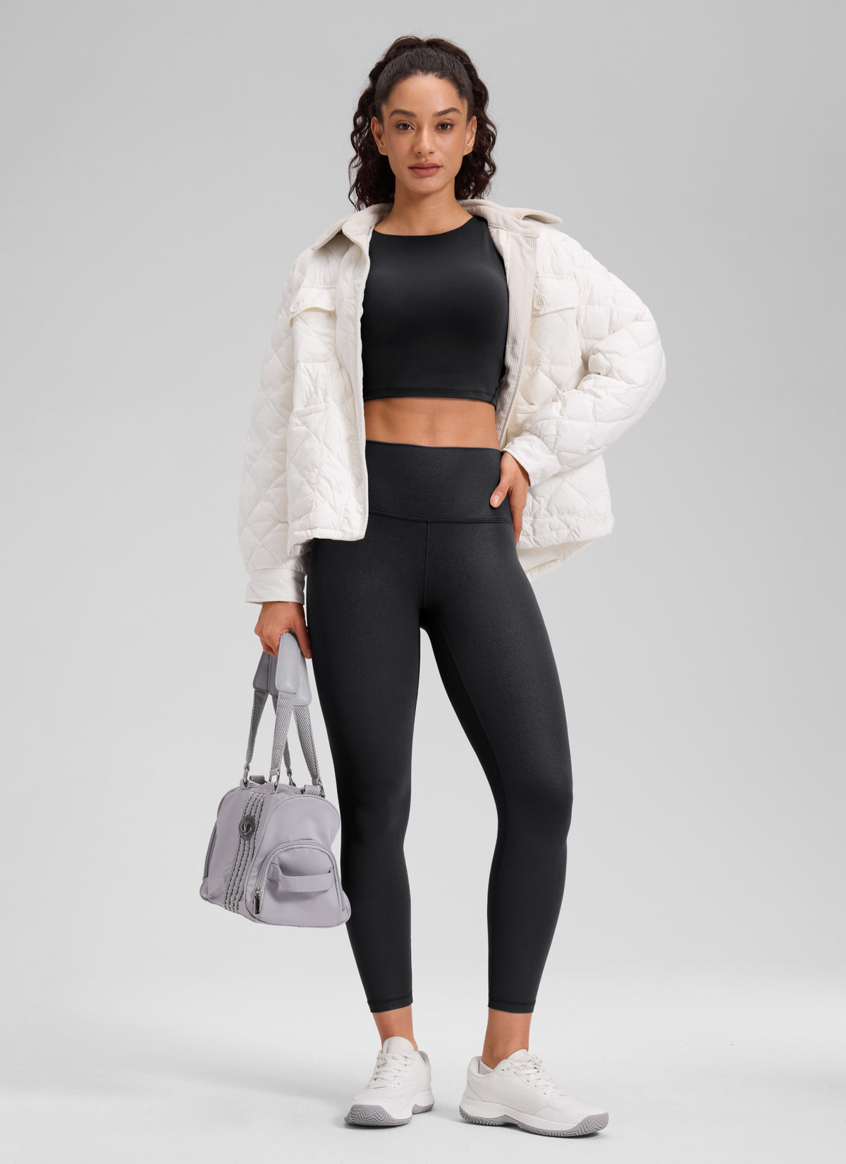 CRZ YOGA Women Butterluxe Matte Faux Leather Leggings 25'' Black Foil Pattern @model_info:Larissa