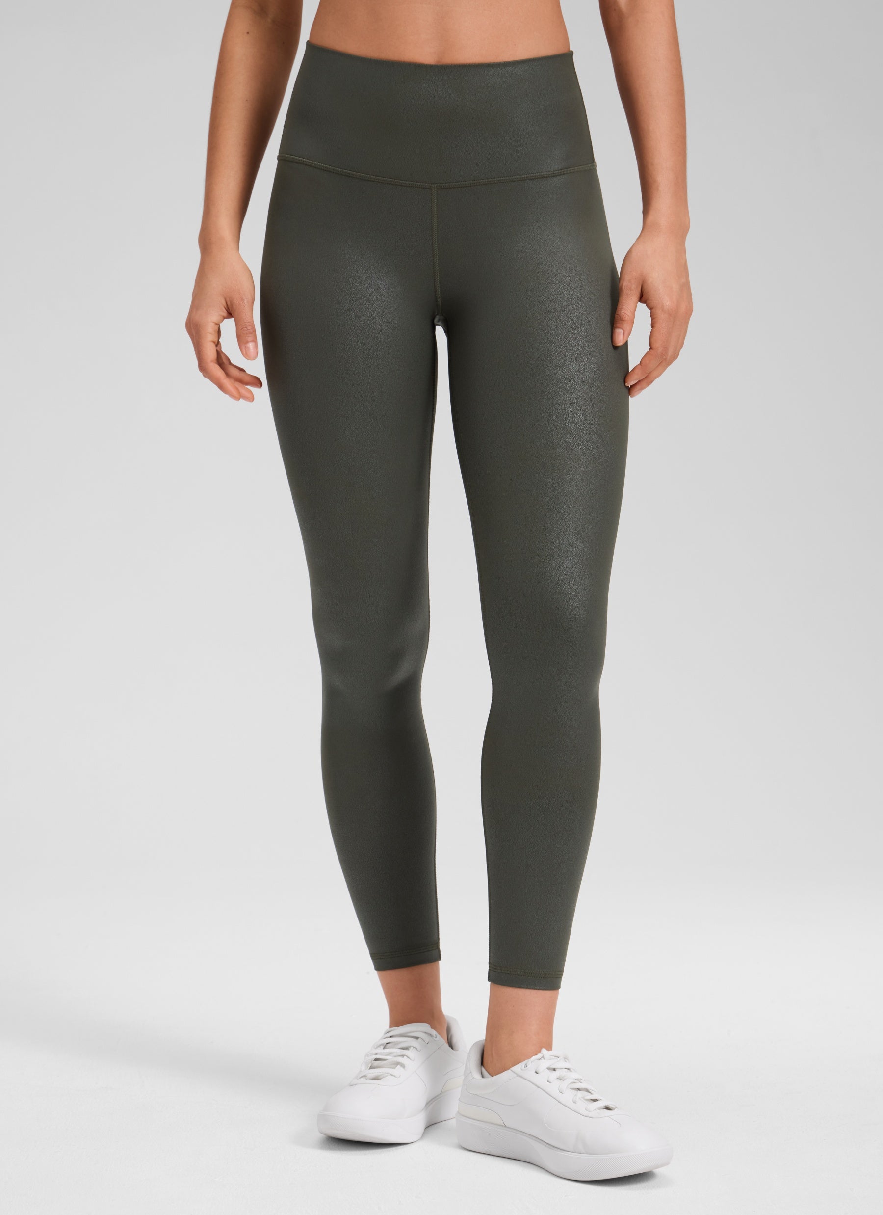 CRZ YOGA Women Butterluxe Matte Faux Leather Leggings 25'' Olive Green Foil Pattern