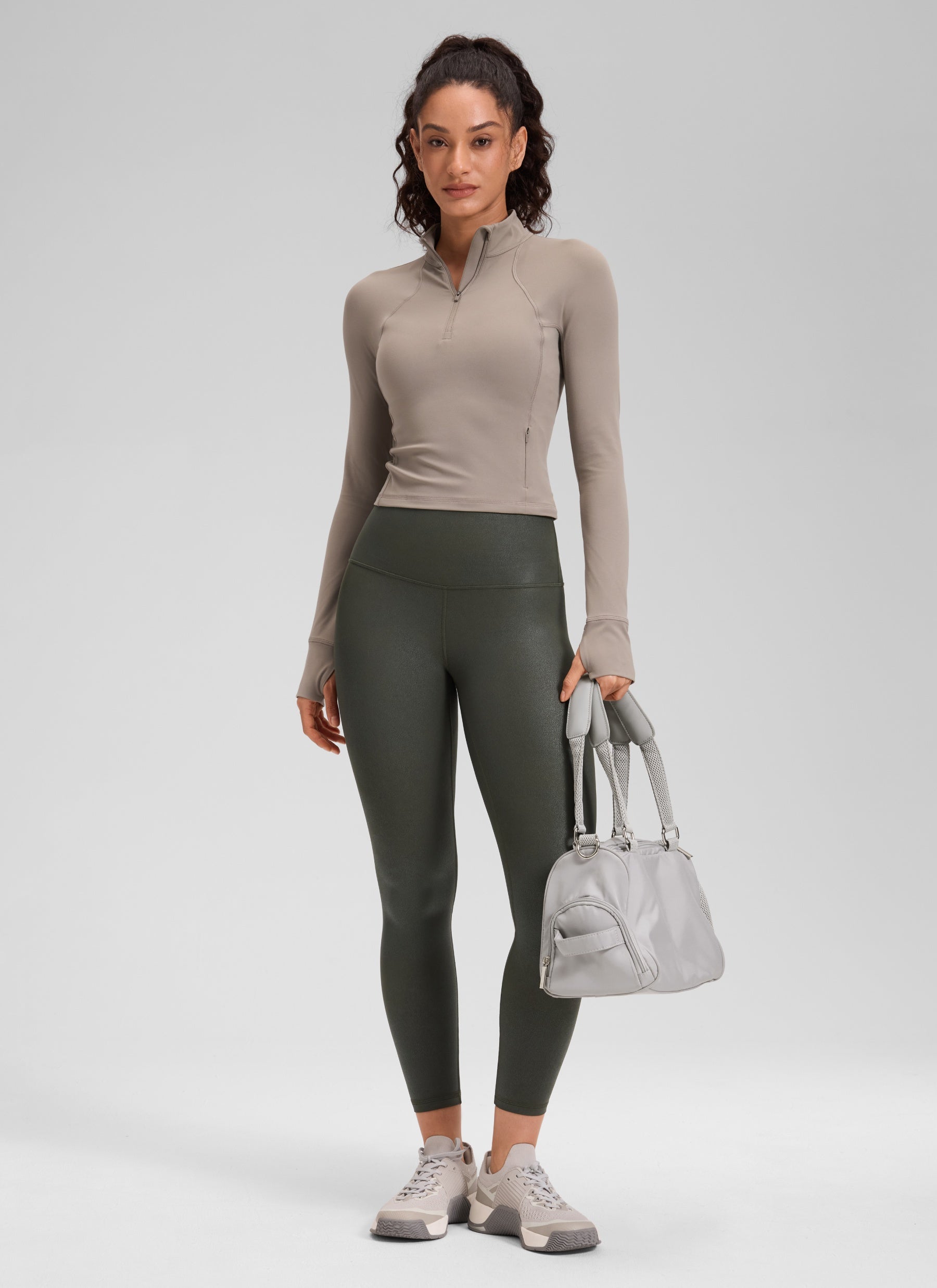 CRZ YOGA Women Butterluxe Matte Faux Leather Leggings 25'' Olive Green Foil Pattern @model_info:Larissa