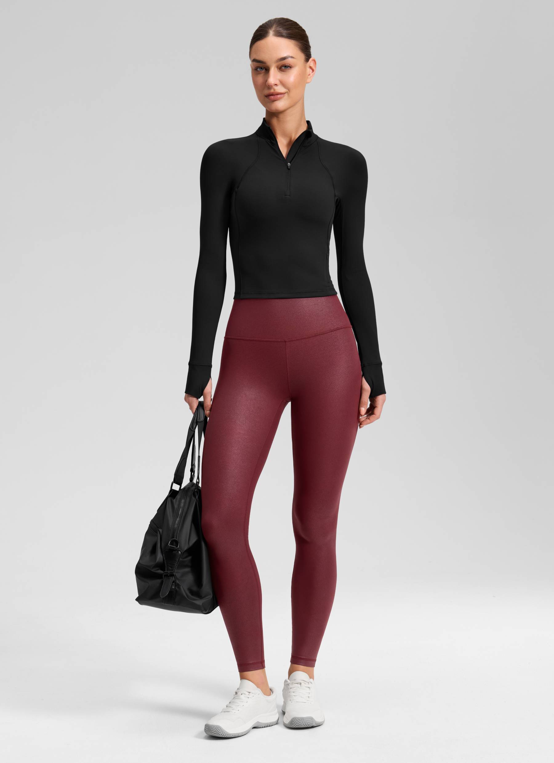 CRZ YOGA Women Butterluxe Matte Faux Leather Leggings 28' Red Merlot Foil Pattern