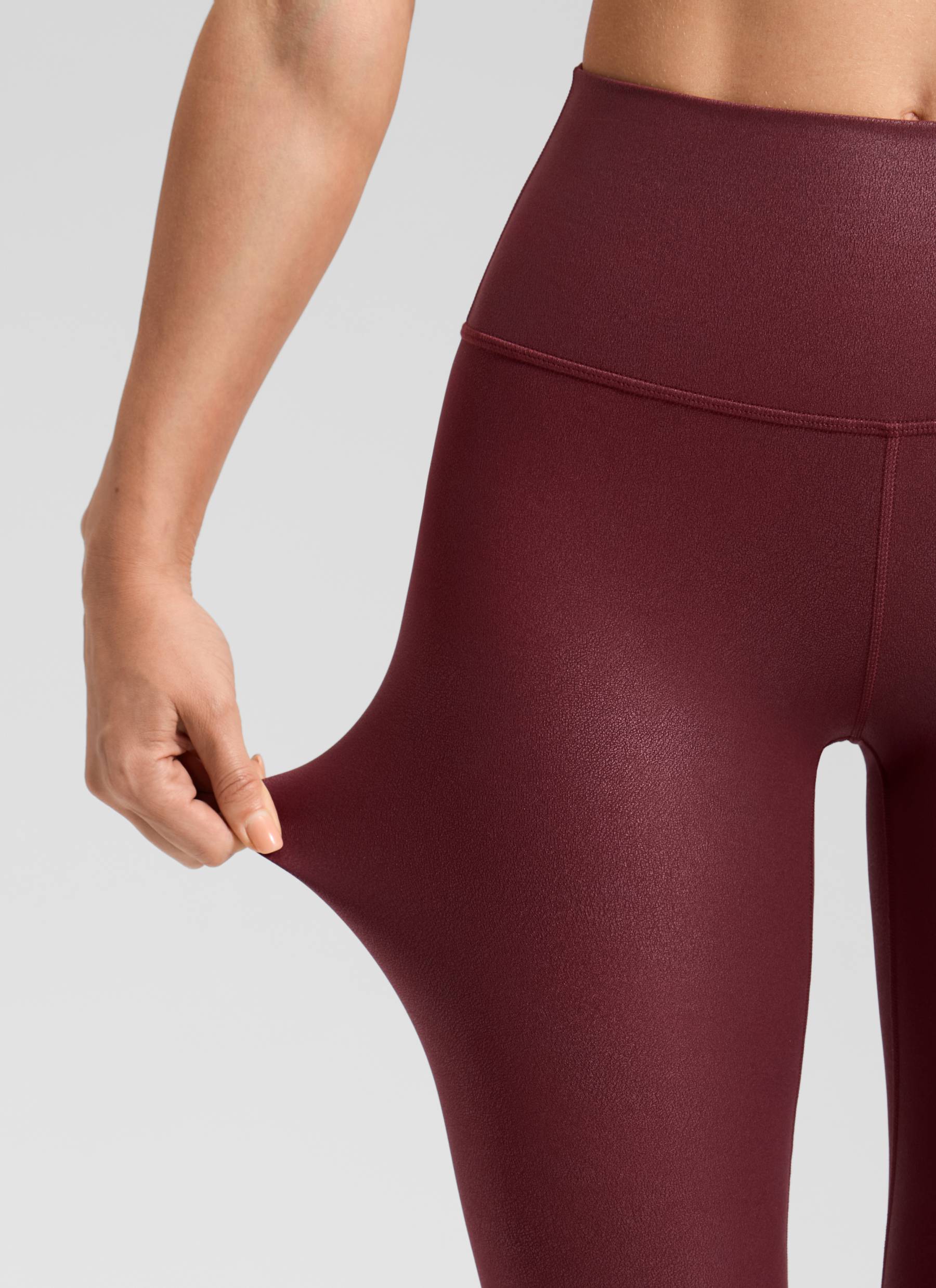 CRZ YOGA Women Butterluxe Matte Faux Leather Leggings 28' Red Merlot Foil Pattern