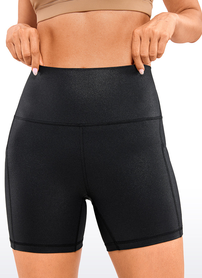 CRZ YOGA Women's Yoga High Rise Biker Butterluxe Pockets Shorts 5'' Black Classic Leather