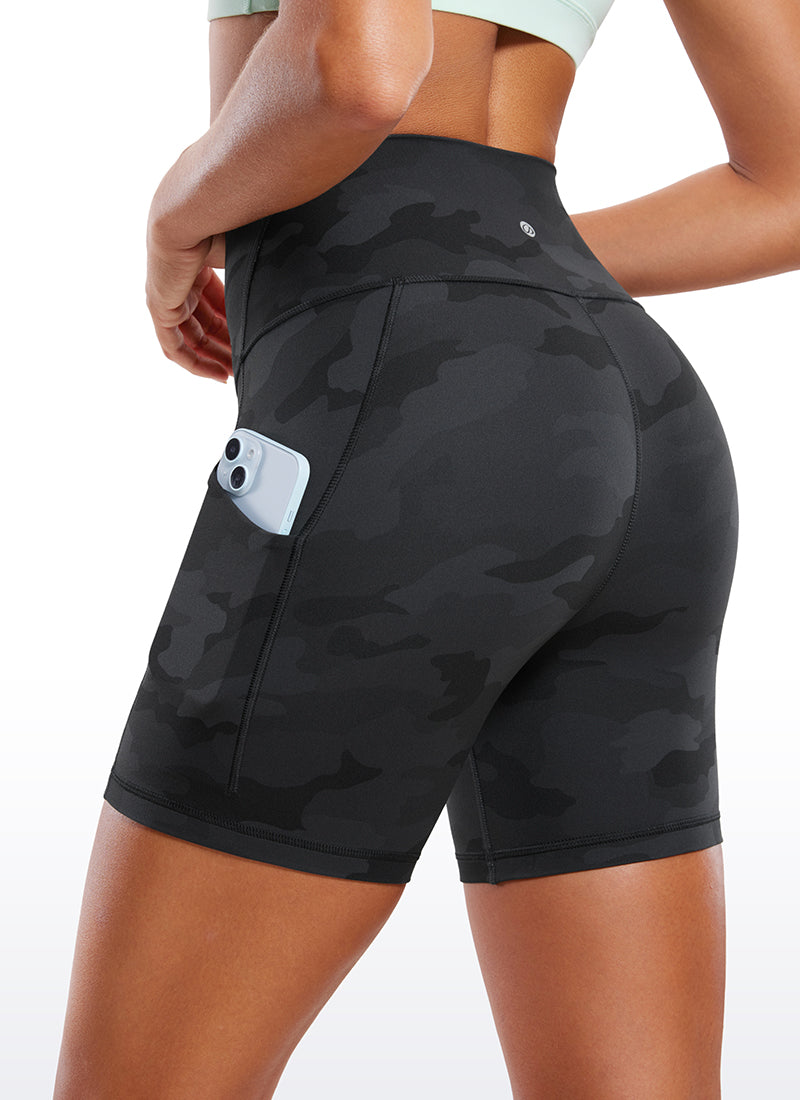CRZ YOGA Women's Yoga High Rise Biker Butterluxe Pockets Shorts 5'' Dark Grey Camouflage 2