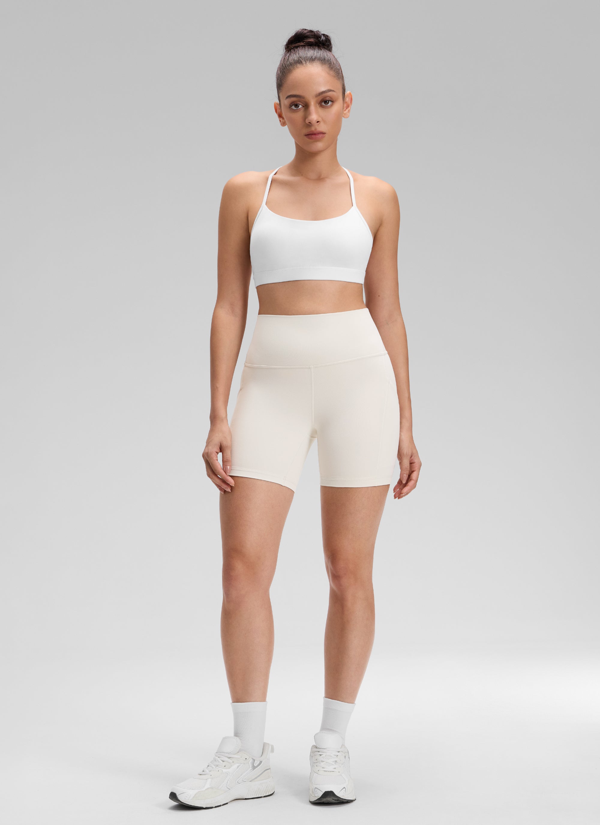CRZ YOGA Women's Yoga High Rise Biker Butterluxe Pockets Shorts 5'' Milky White