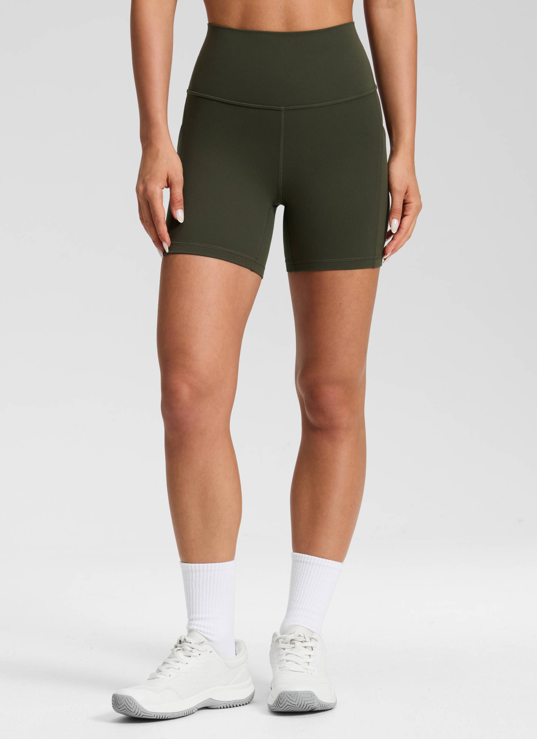 CRZ YOGA Women's Yoga High Rise Biker Butterluxe Pockets Shorts 5'' Olive Green
