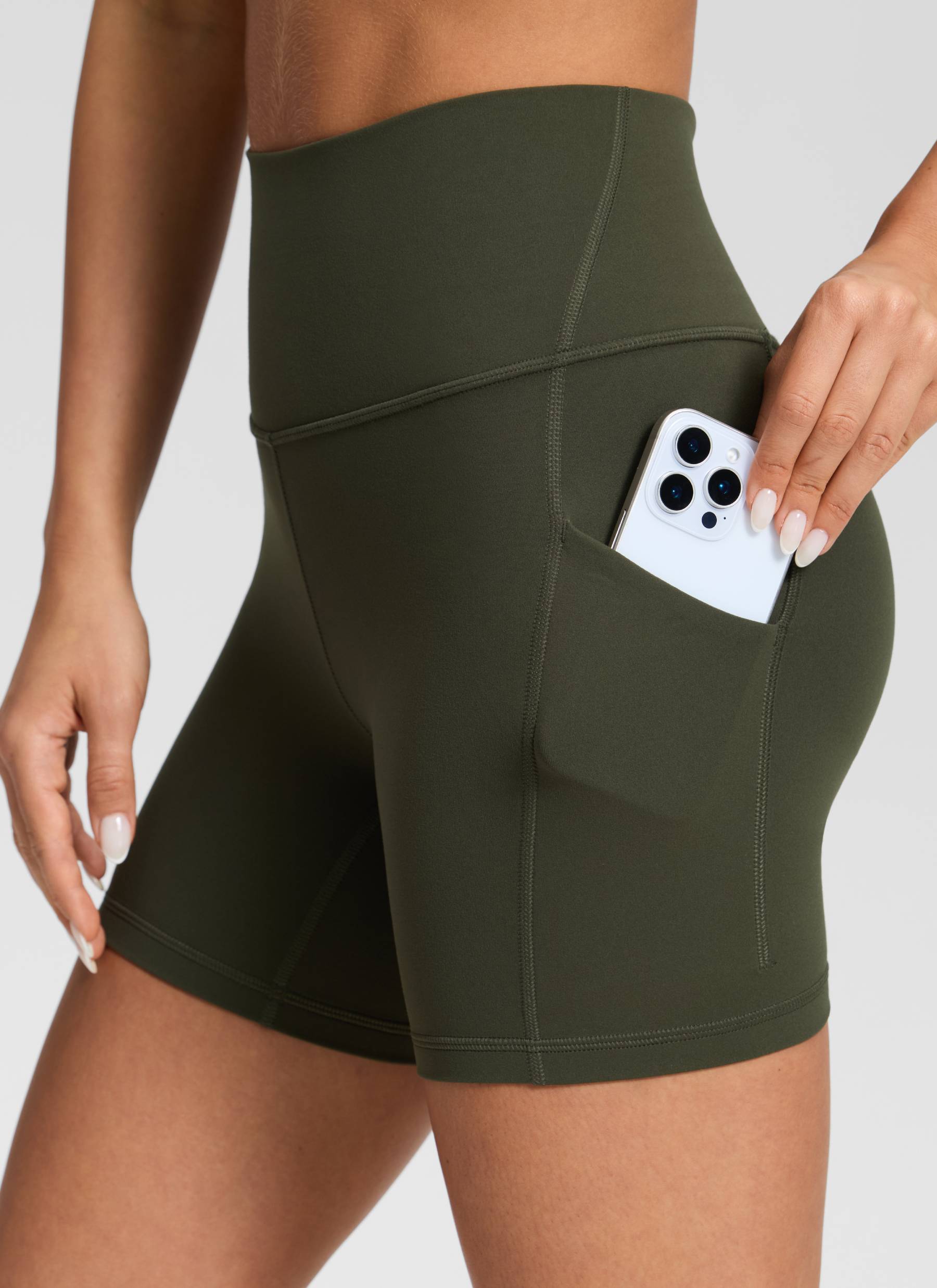 CRZ YOGA Women's Yoga High Rise Biker Butterluxe Pockets Shorts 5'' Olive Green