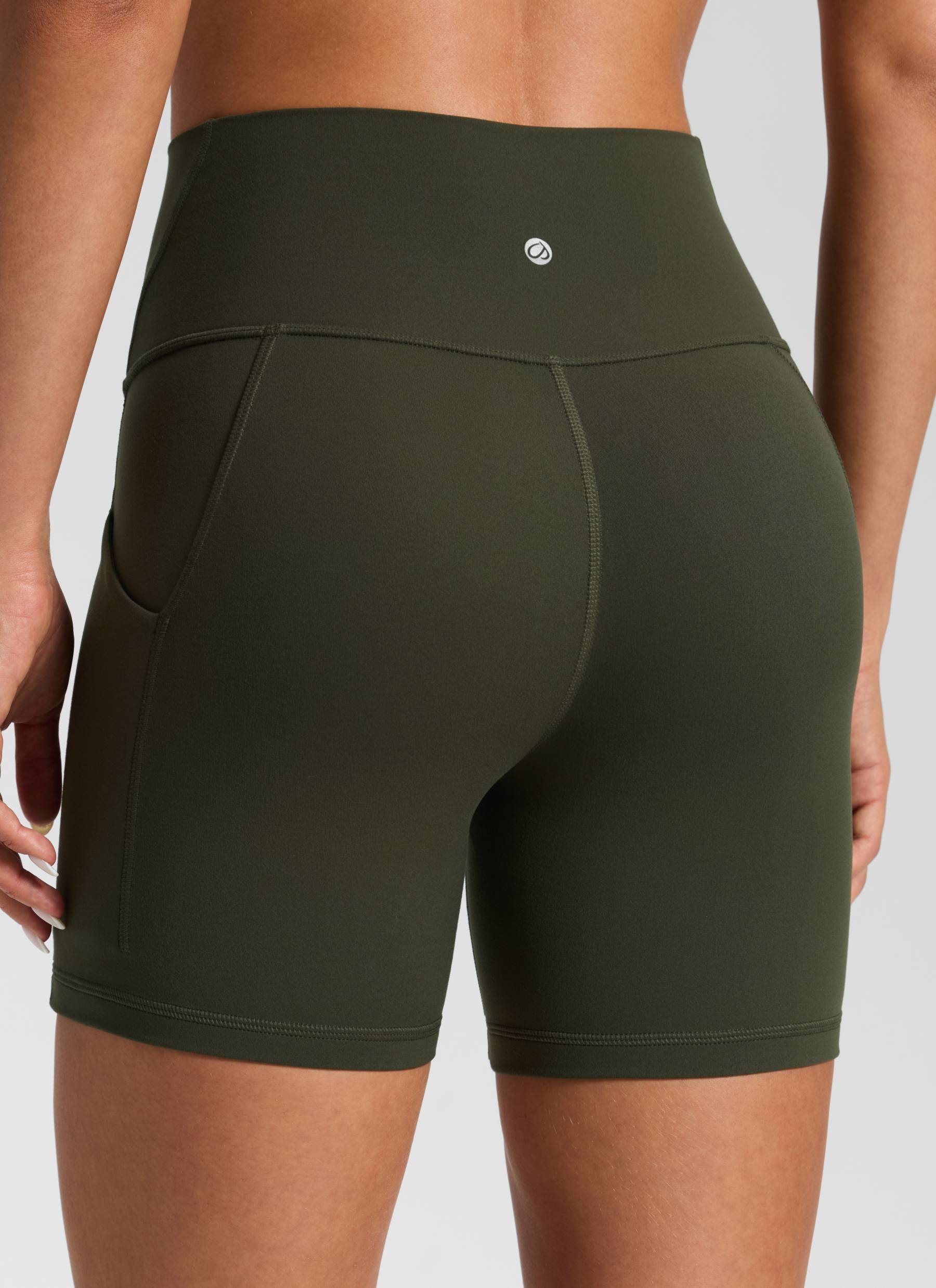 CRZ YOGA Women's Yoga High Rise Biker Butterluxe Pockets Shorts 5'' Olive Green