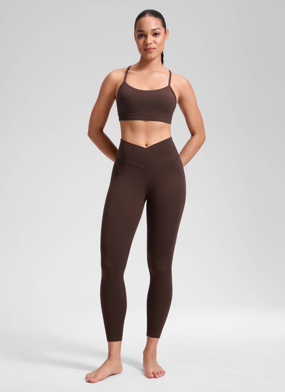 CRZ YOGA Women's High Rise Butterluxe Yoga Leggings 25'' V Cross Waist Hot Fudge Brown @model_info:Fiona