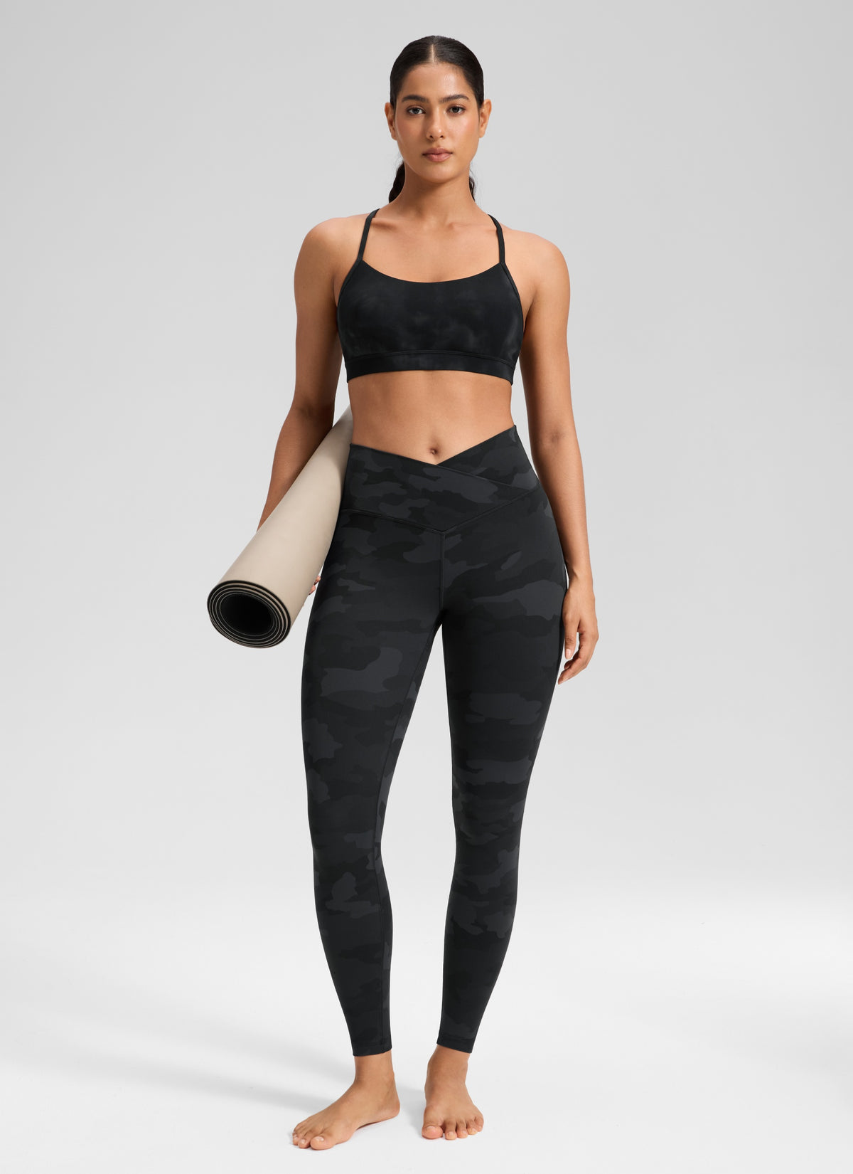 CRZ YOGA Women's High Rise Butterluxe Yoga Leggings 25'' V Cross Waist Dark Grey Camouflage 2 @model_info:Carol
