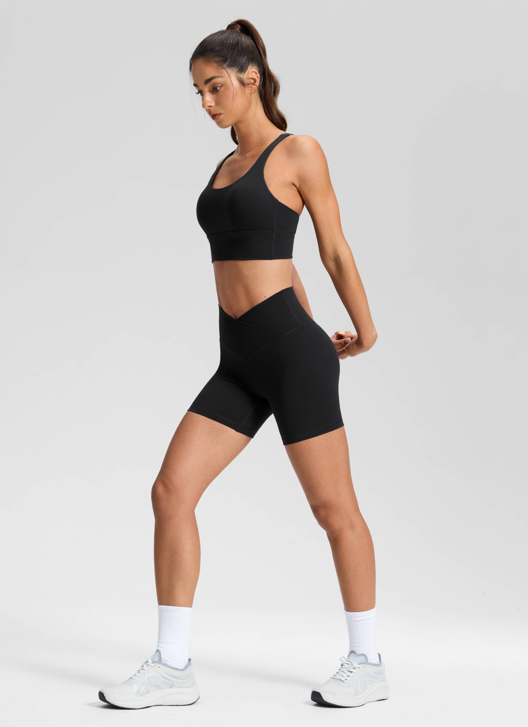 CRZ YOGA Women's High Rise Butterluxe V Cross Waist Biker Shorts 5'' Black