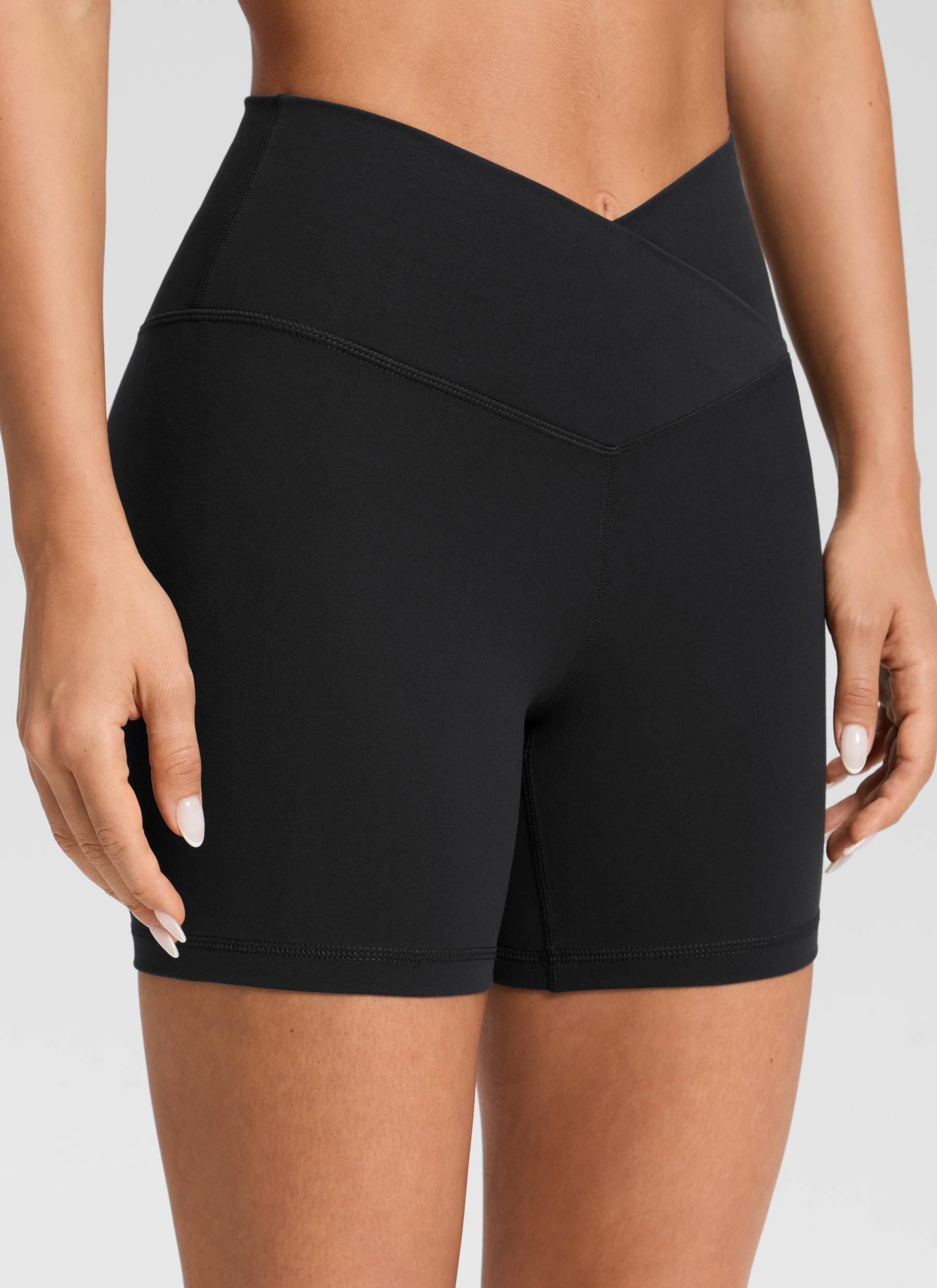 CRZ YOGA Women's High Rise Butterluxe V Cross Waist Biker Shorts 5'' Black