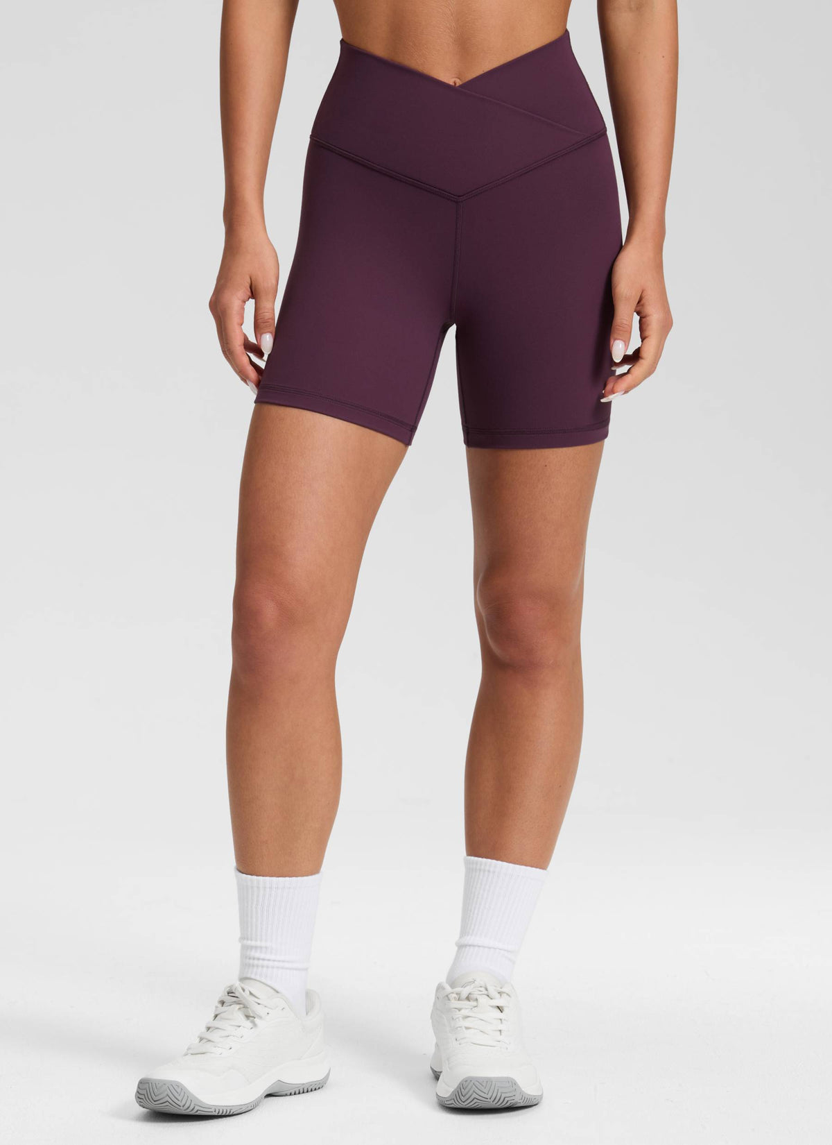 CRZ YOGA Women's High Rise Butterluxe V Cross Waist Biker Shorts 5'' Deep Purple @model_info:Isidora