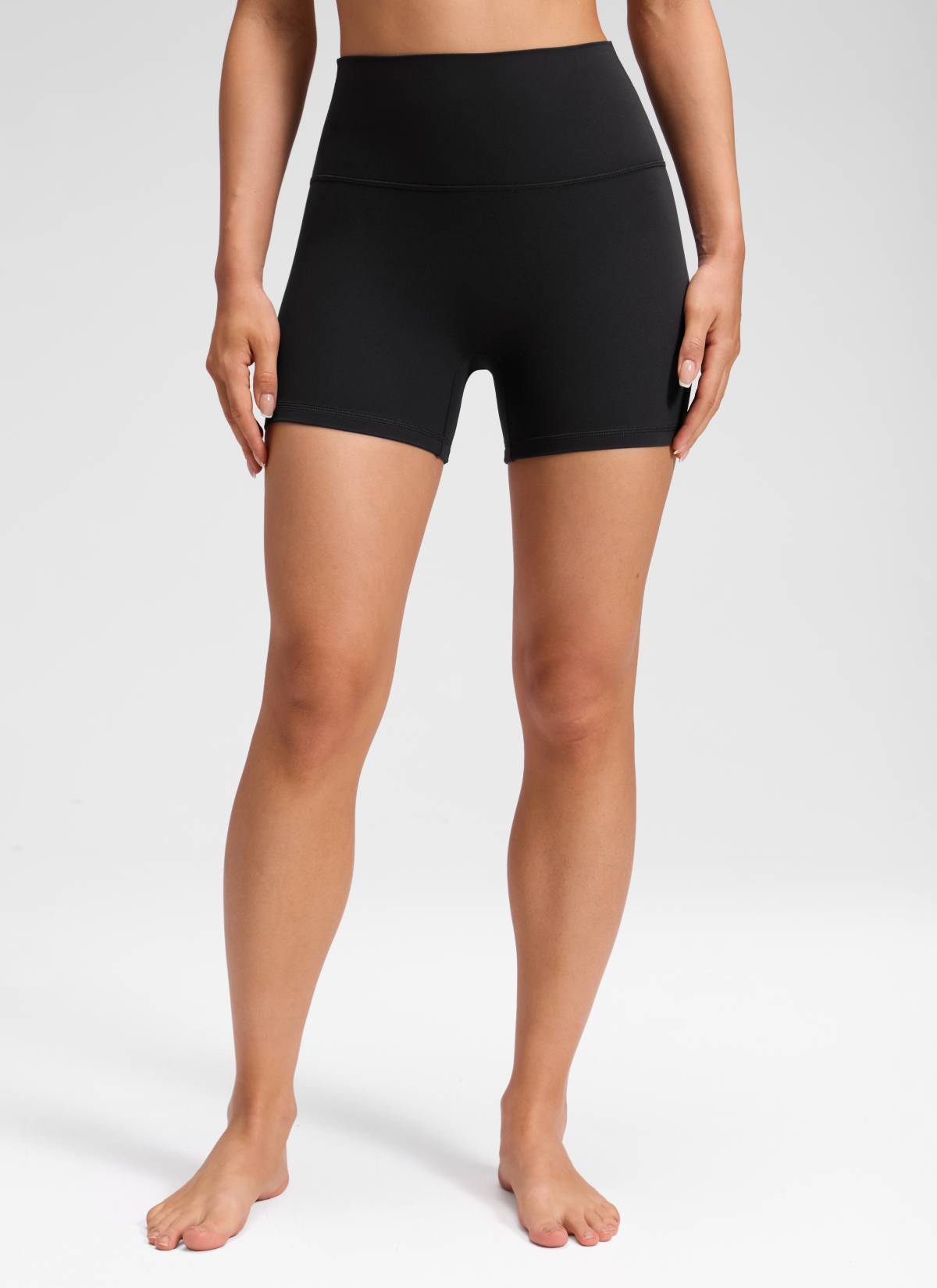 CRZ YOGA Women's Butterluxe Yoga High Rise No Front Seam Shorts 4'' Black @model_info:Milena