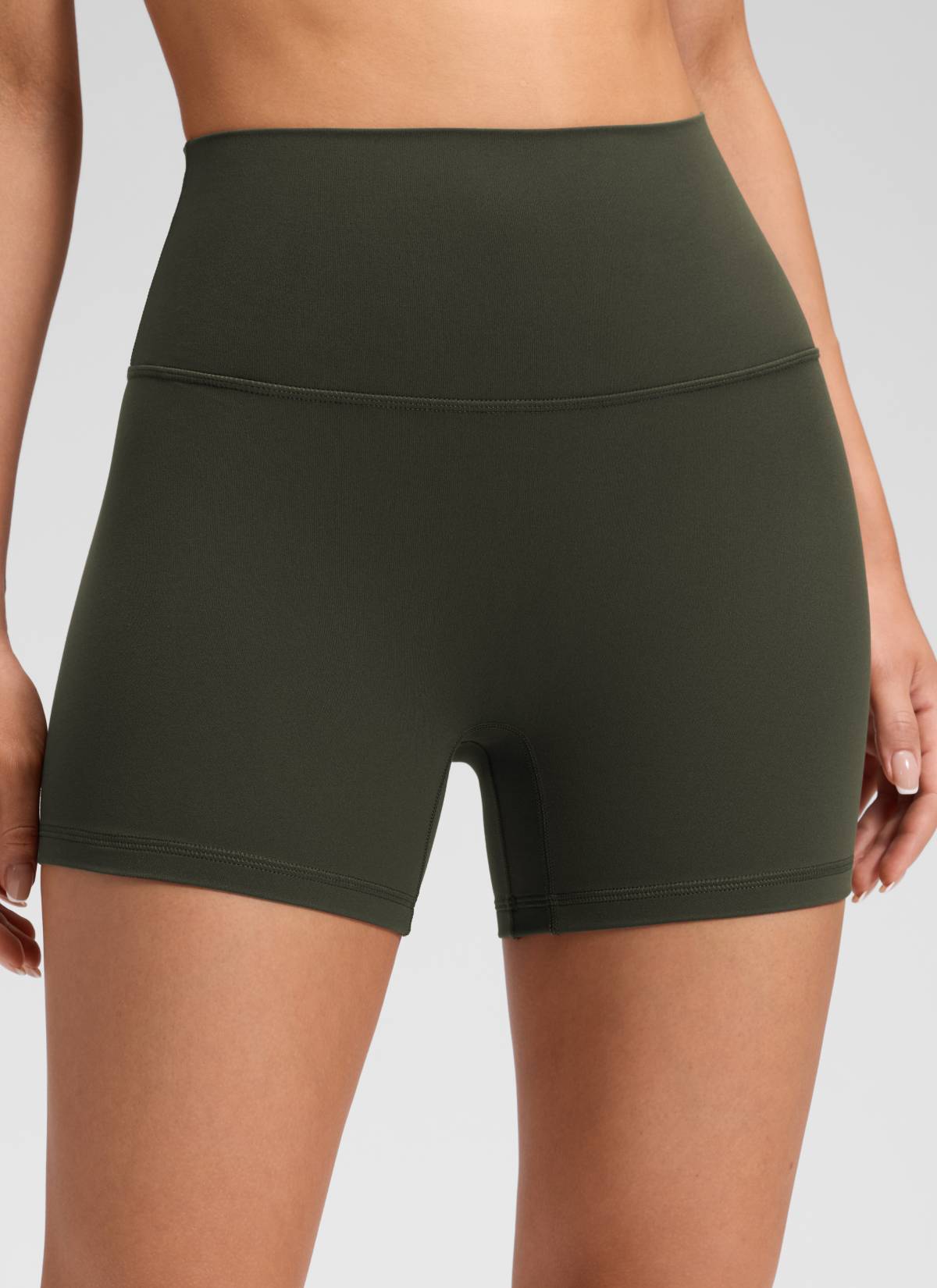 CRZ YOGA Women's Butterluxe Yoga High Rise No Front Seam Shorts 4'' Olive Green @model_info:Milena