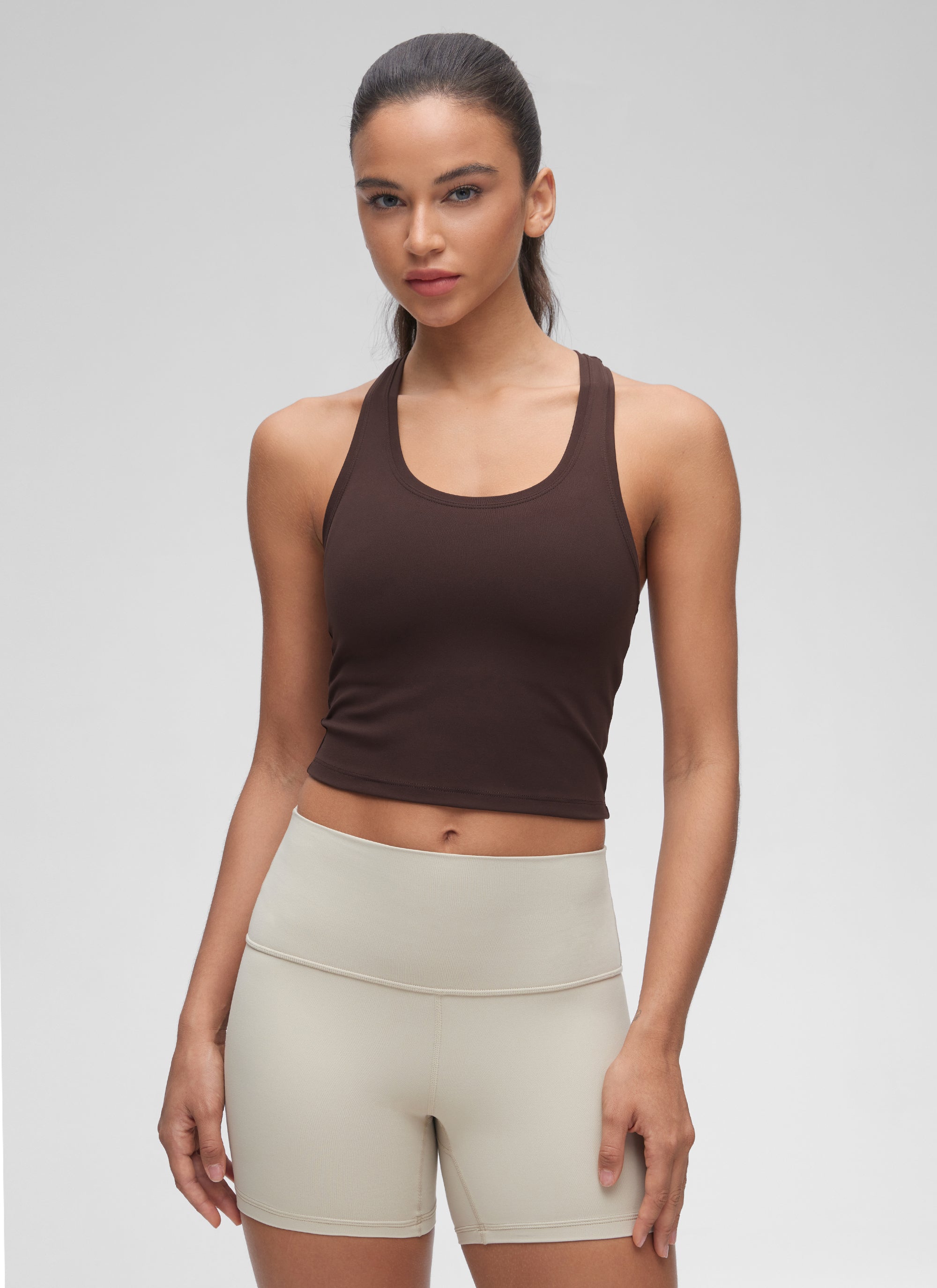 CRZ YOGA Women's Butterluxe Scoop Neck Racerback Cropped Lounge Yoga Tank Hot Fudge Brown
