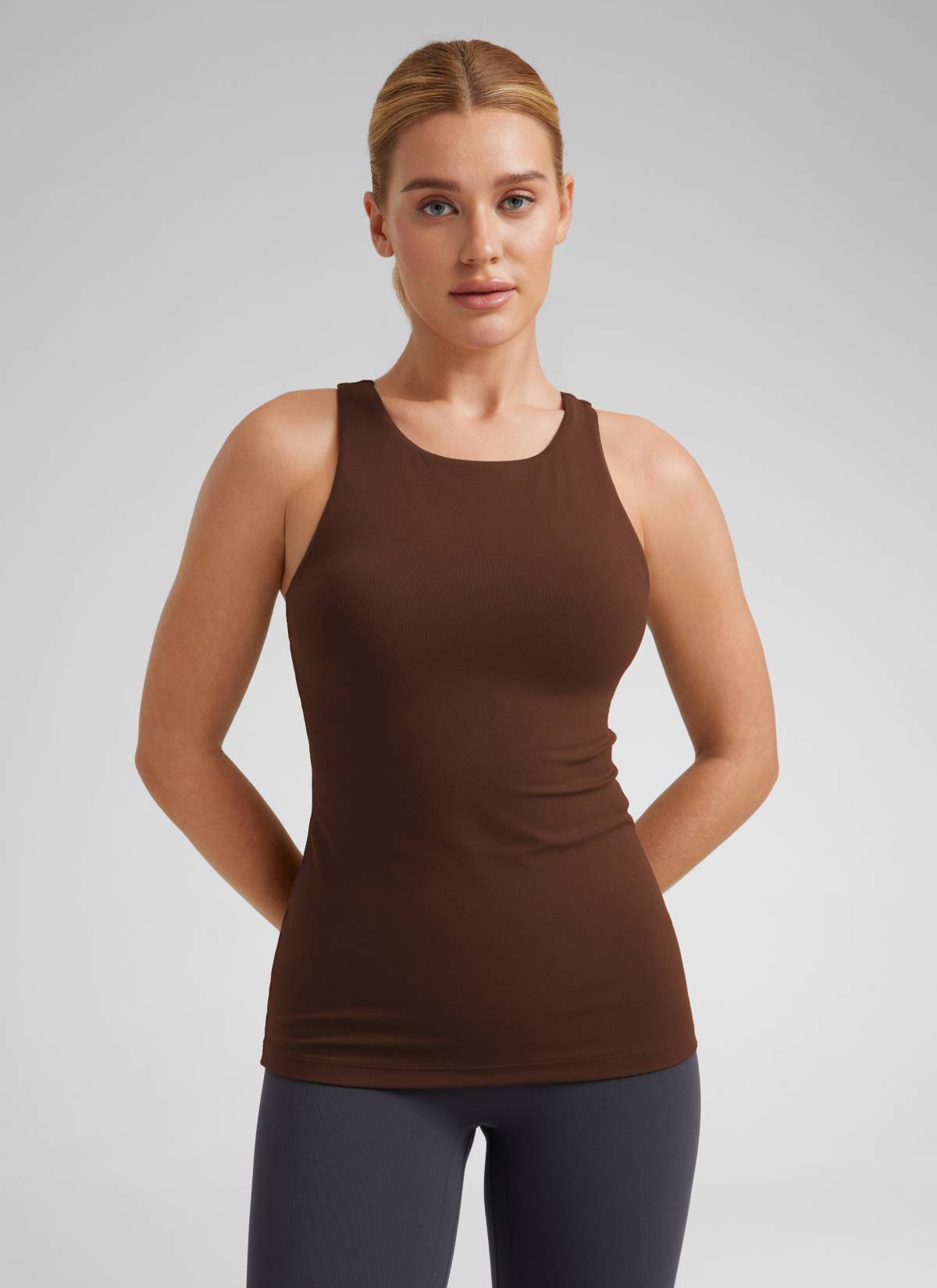 CRZ YOGA Women's Yoga Slim Fit Top Butterluxe Tank Racerback High Neck Lava Brown