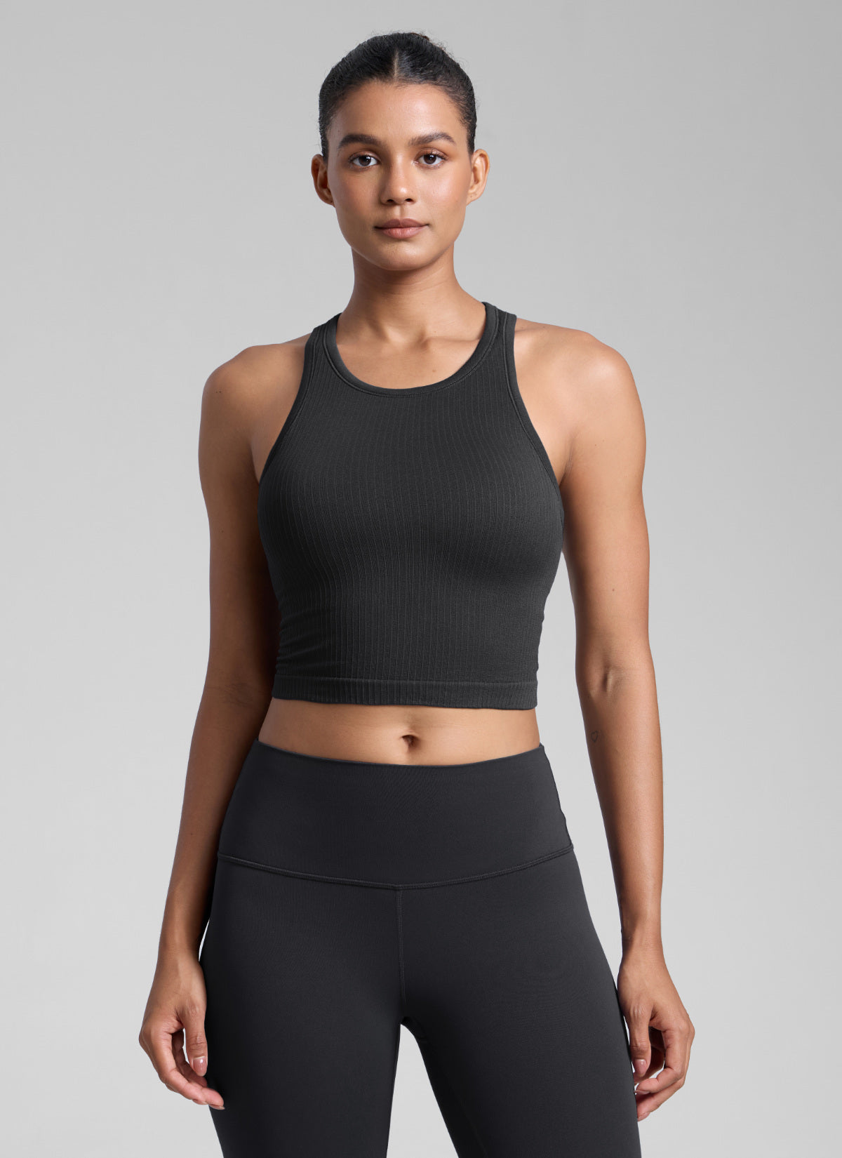 CRZ YOGA Women's Yoga Slim Fit Tops Seamless Longline Tank High Neck Black @model_info:Barbara