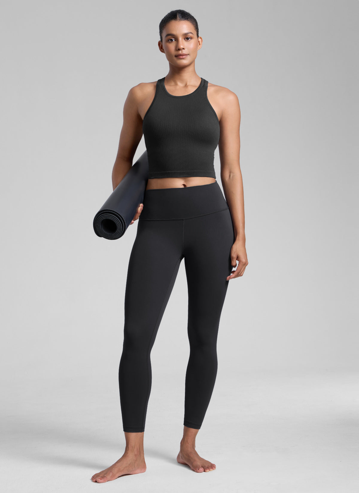 CRZ YOGA Women's Yoga Slim Fit Tops Seamless Longline Tank High Neck Black