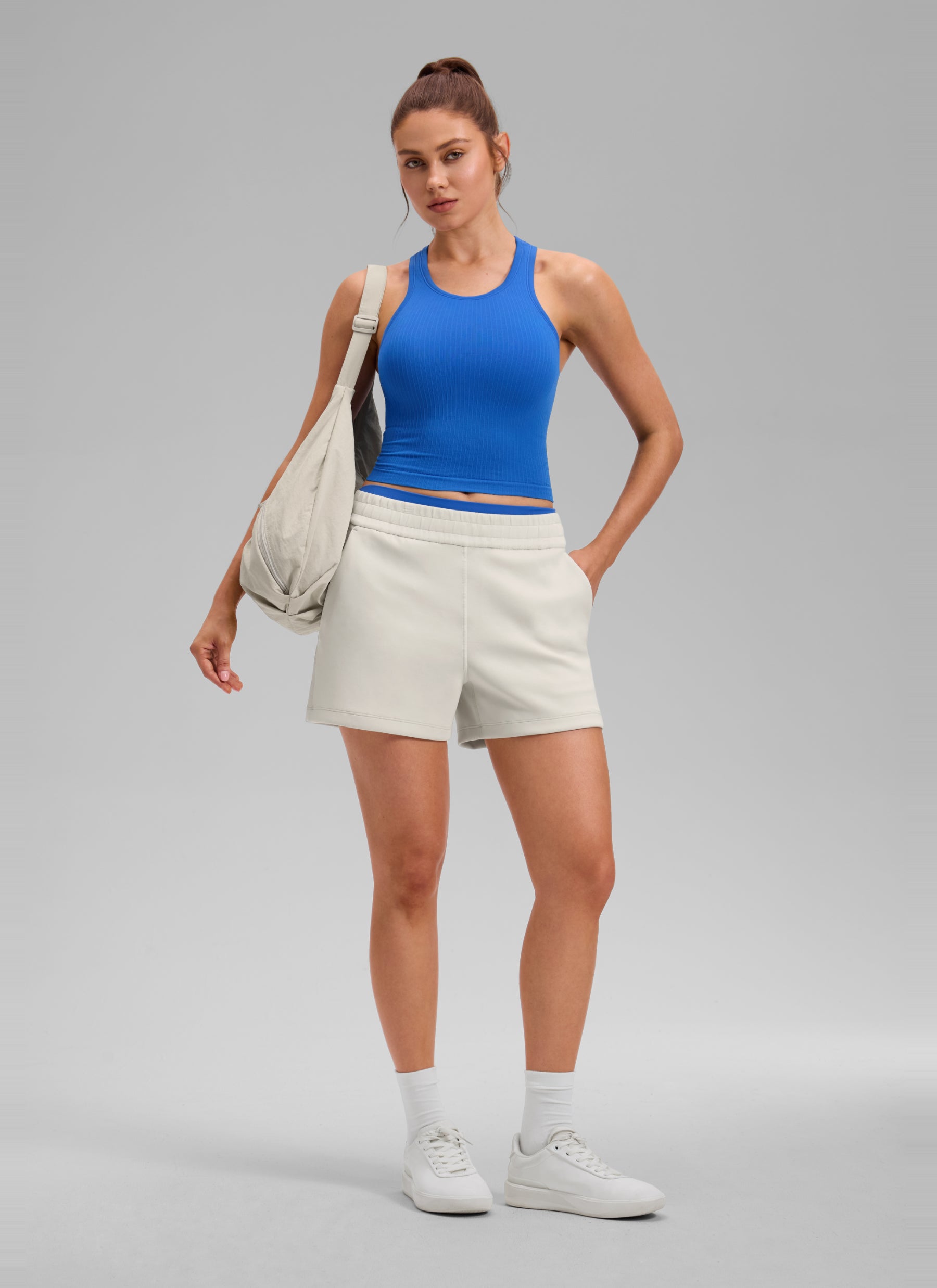 CRZ YOGA Women's Yoga Slim Fit Tops Seamless Longline Tank High Neck Sparkle Blue @model_info:V