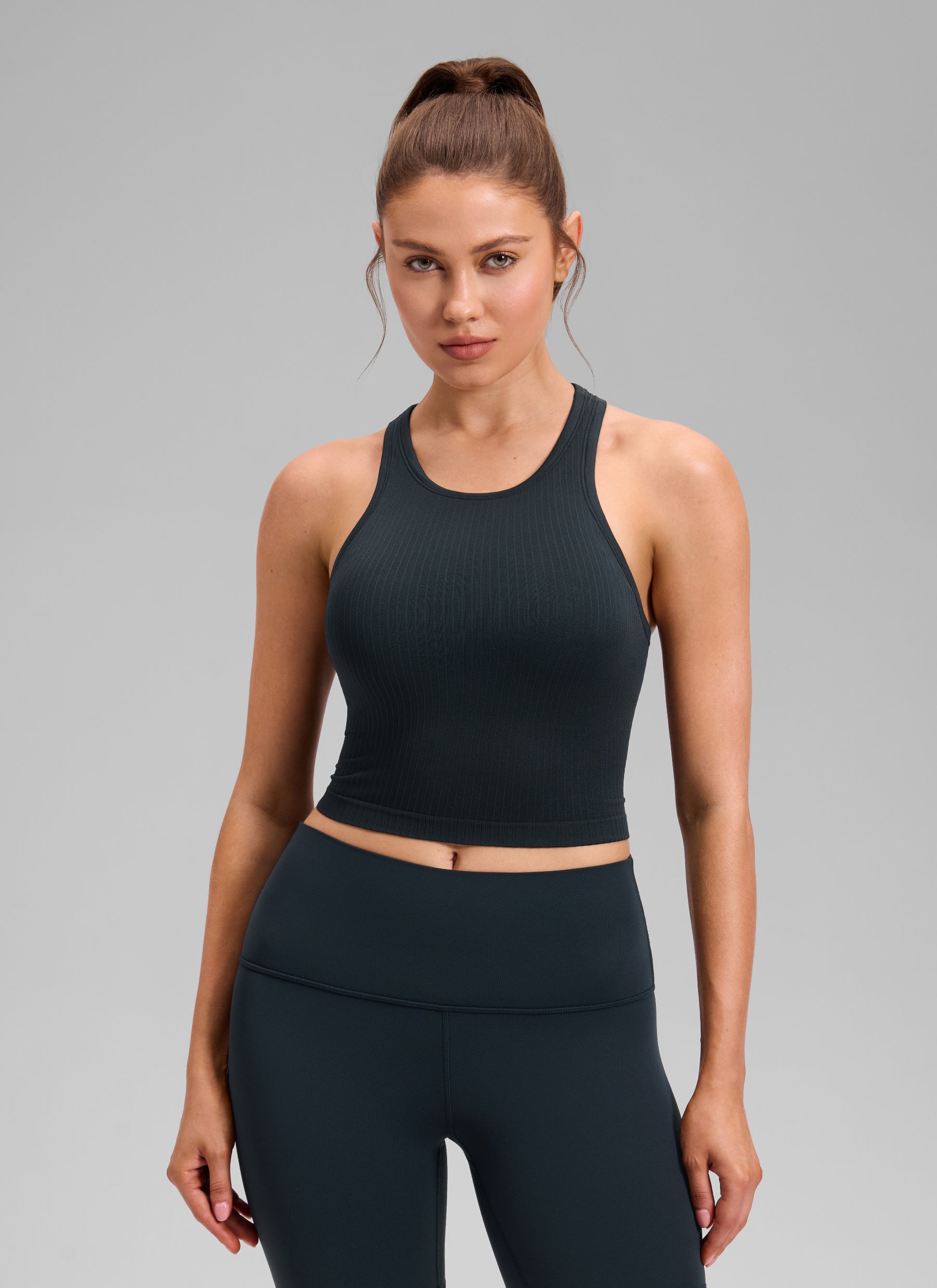 CRZ YOGA Women's Yoga Slim Fit Tops Seamless Longline Tank High Neck True Navy @model_info:V