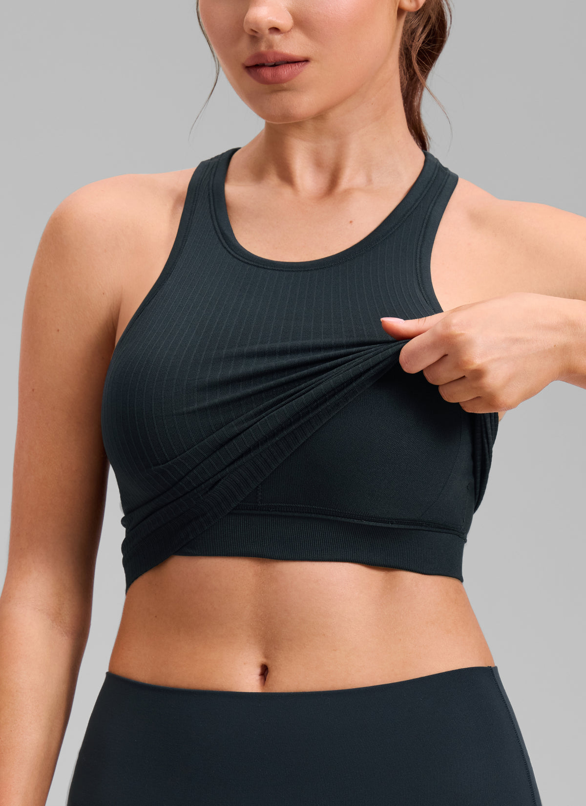 CRZ YOGA Women's Yoga Slim Fit Tops Seamless Longline Tank High Neck True Navy @model_info:V