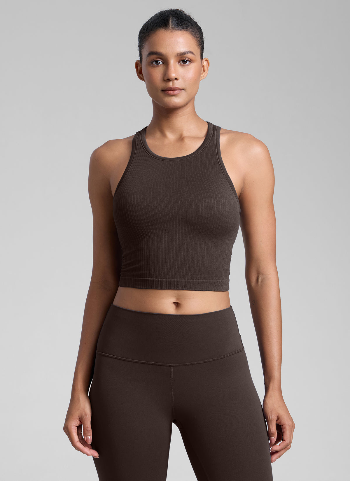 CRZ YOGA Women's Yoga Slim Fit Tops Seamless Longline Tank High Neck Hot Fudge Brown @model_info:Barbara