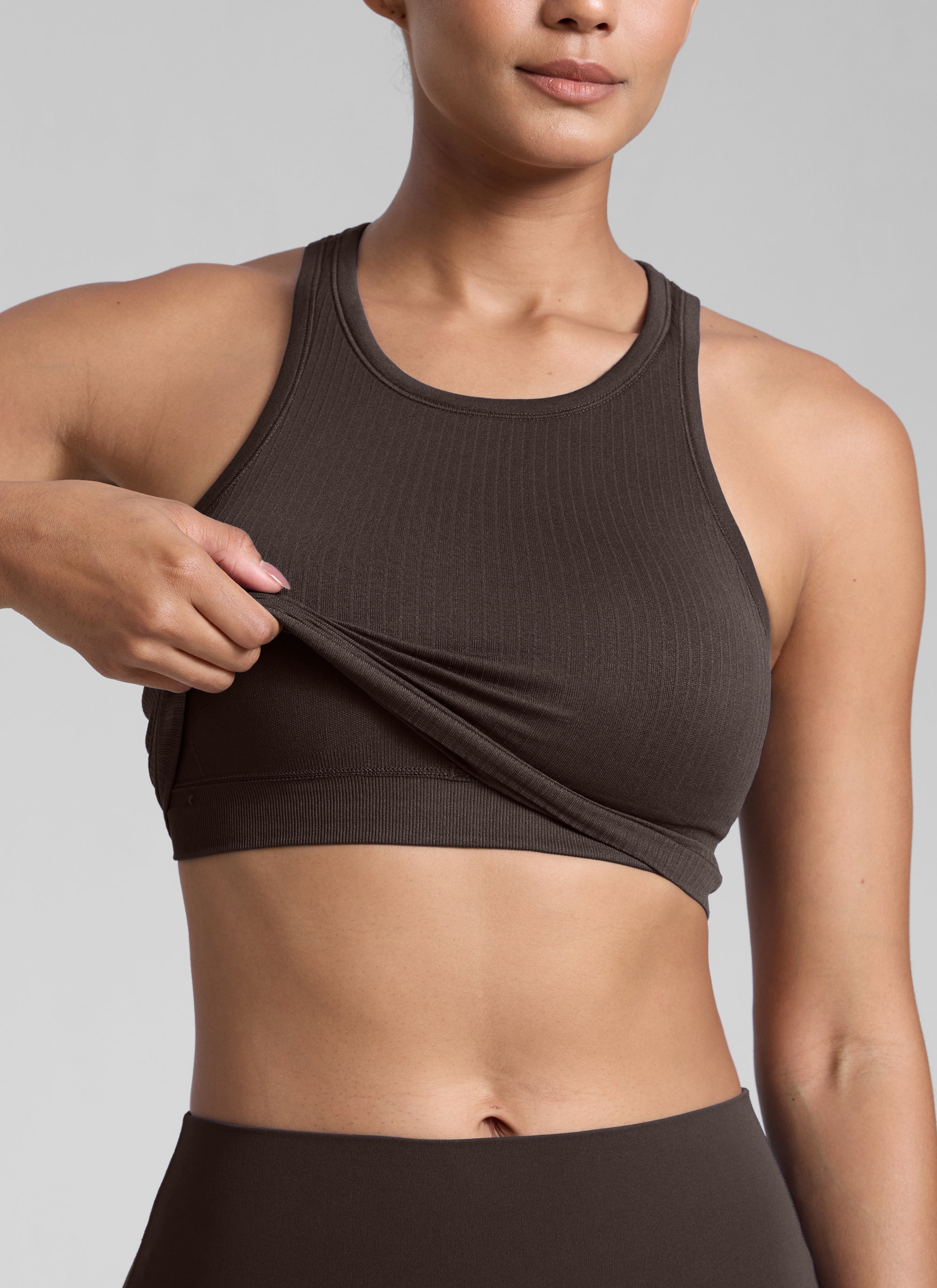 CRZ YOGA Women's Yoga Slim Fit Tops Seamless Longline Tank High Neck Hot Fudge Brown @model_info:Barbara