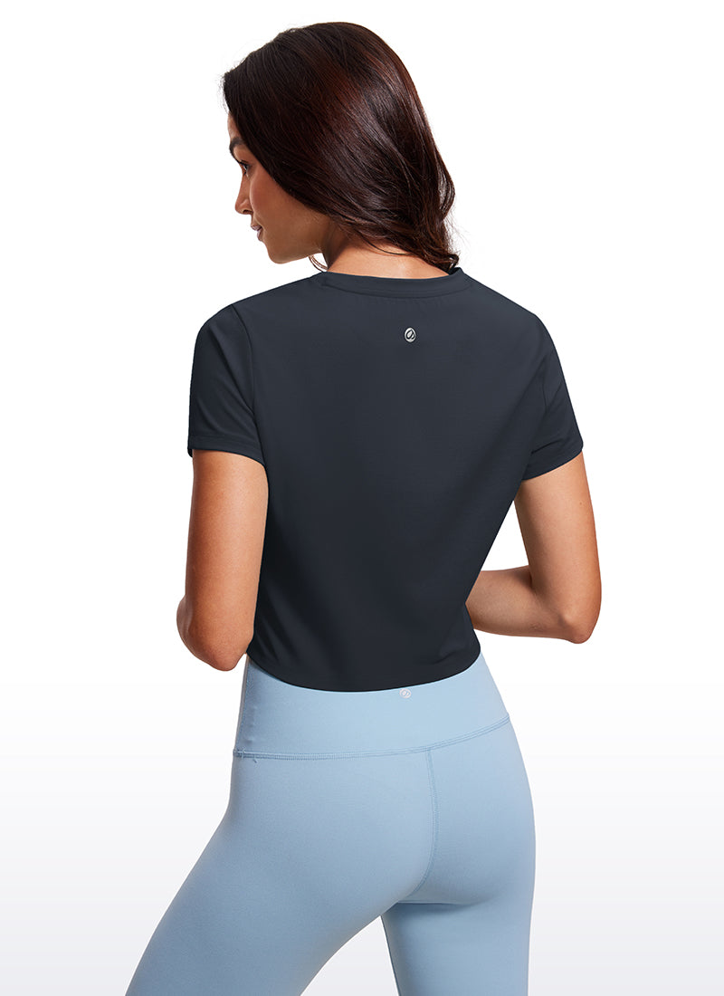 CRZ YOGA Women's Yoga Classic Fit Top Butterluxe Cropped Short Sleeves True Navy