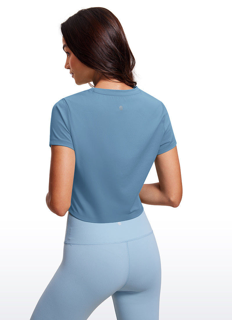 CRZ YOGA Women's Yoga Classic Fit Top Butterluxe Cropped Short Sleeves Universe Blue
