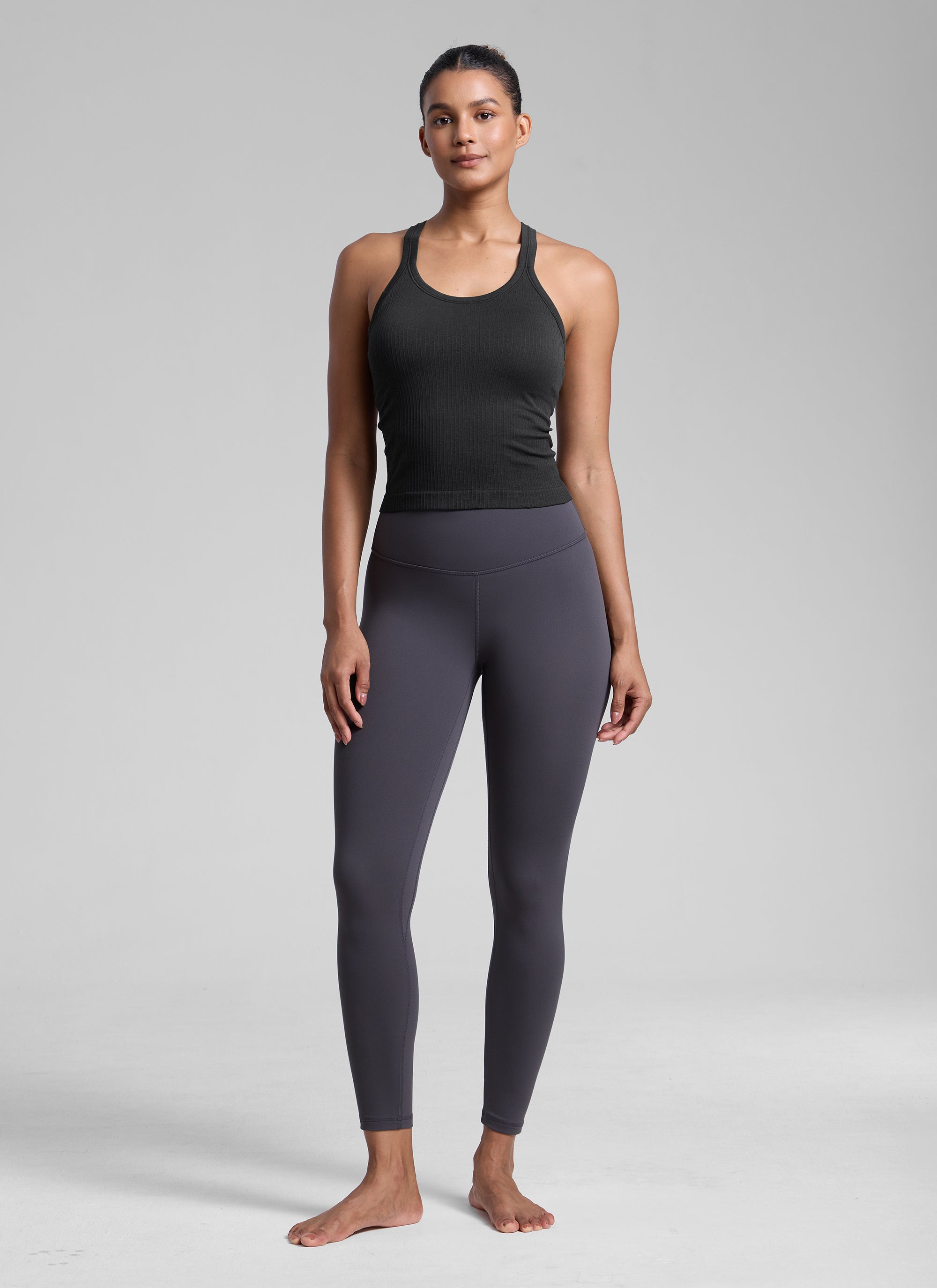 CRZ YOGA Women's Yoga Slim Fit Seamless Tank Crew Neck Waist Length Black @model_info:Barbara